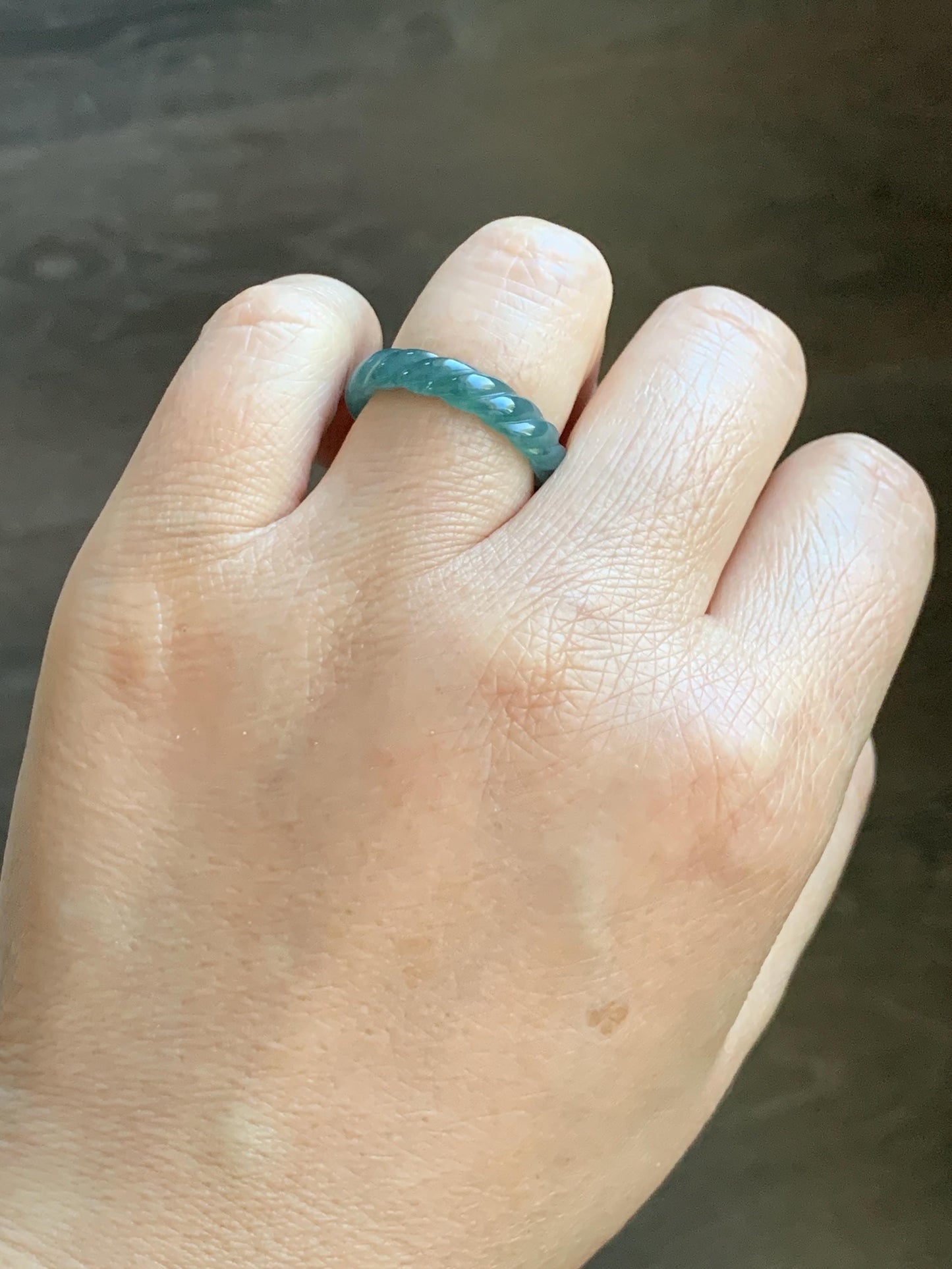 Natural Grade A Guatemalan Icy Translucent Gelatinous Dark Teal Blue Jade Jadeite Carved Braid Band Ring Size 7 US 天然冰危深蓝绿翡翠麻花戒圈 MHW66D