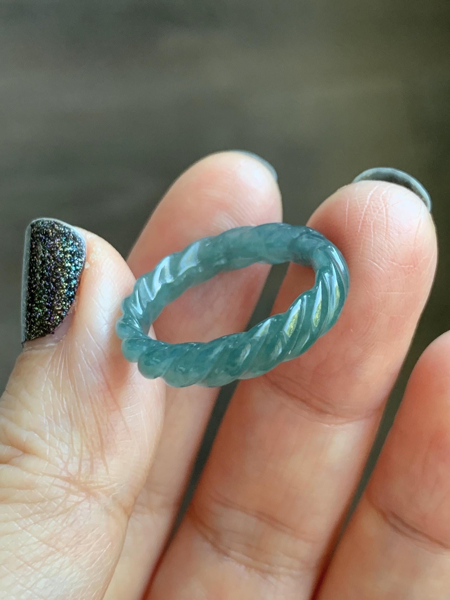 Natural Grade A Guatemalan Icy Translucent Gelatinous Dark Teal Blue Jade Jadeite Carved Braid Band Ring Size 7 US 天然冰危深蓝绿翡翠麻花戒圈 MHW66D