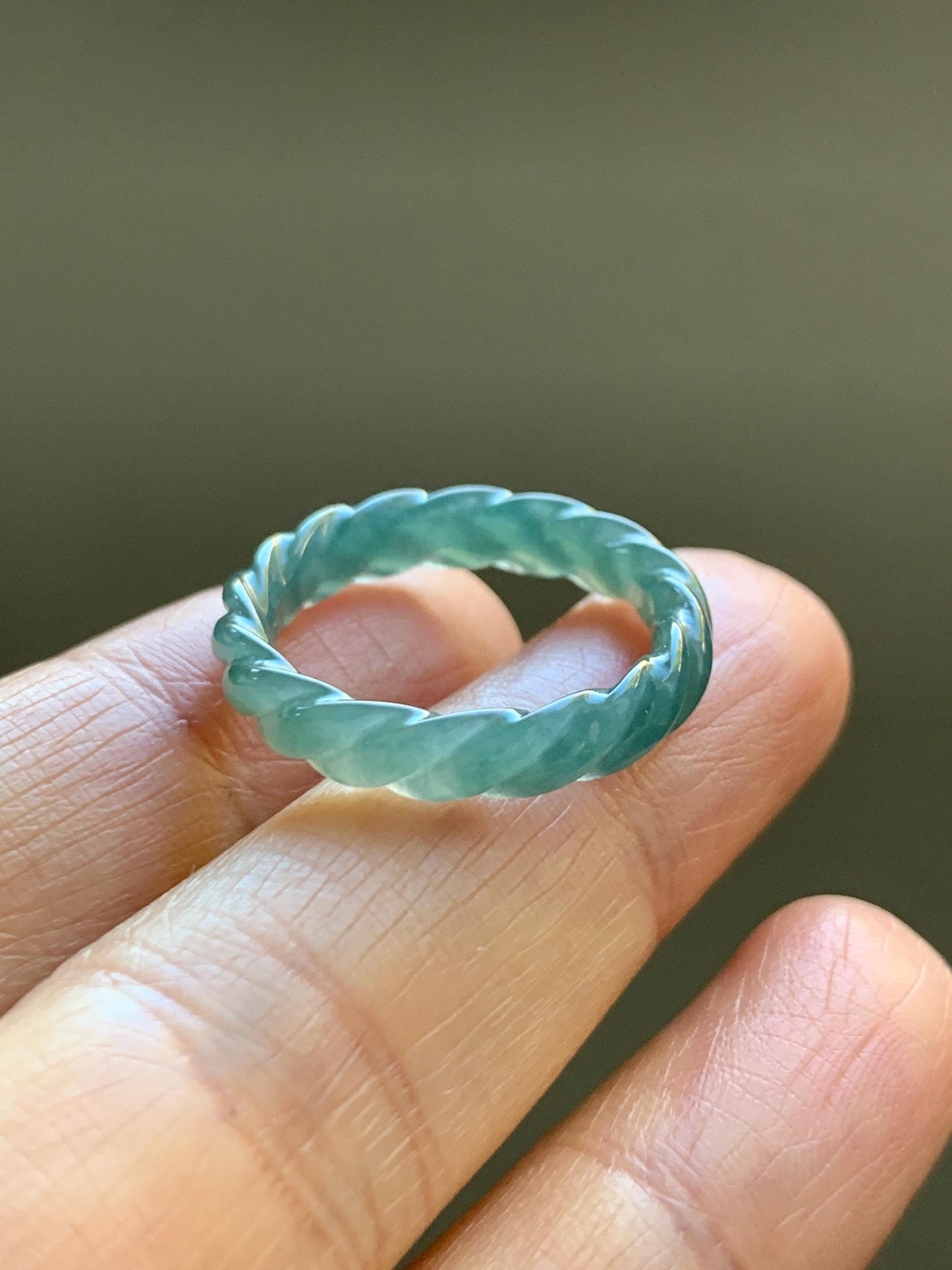 Natural Grade A Guatemalan Icy Translucent Gelatinous Dark Teal Blue Jade Jadeite Carved Braid Band Ring Size 7 US 天然冰危深蓝绿翡翠麻花戒圈 MHW66D