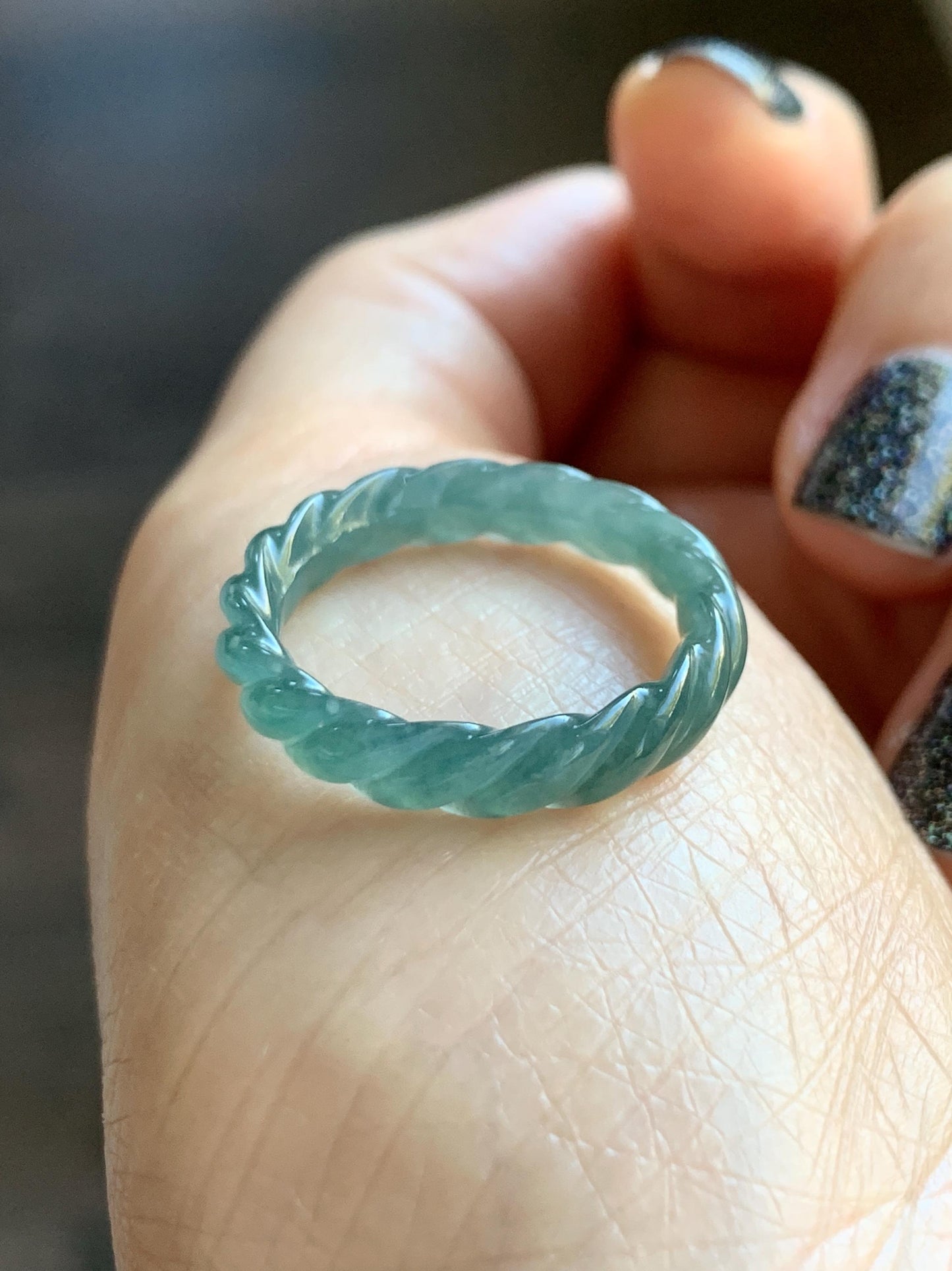 Natural Grade A Guatemalan Icy Translucent Gelatinous Dark Teal Blue Jade Jadeite Carved Braid Band Ring Size 7 US 天然冰危深蓝绿翡翠麻花戒圈 MHW66D