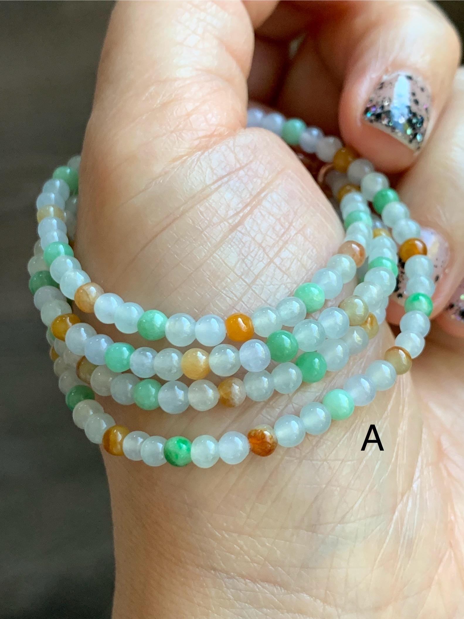 Grade A Natural Icy Translucent Multicolored Jade Jadeite Petite Beads Beaded Necklace 3.5mm 24” 15g 天然冰多宝翡翠小圆珠项链 MDBX