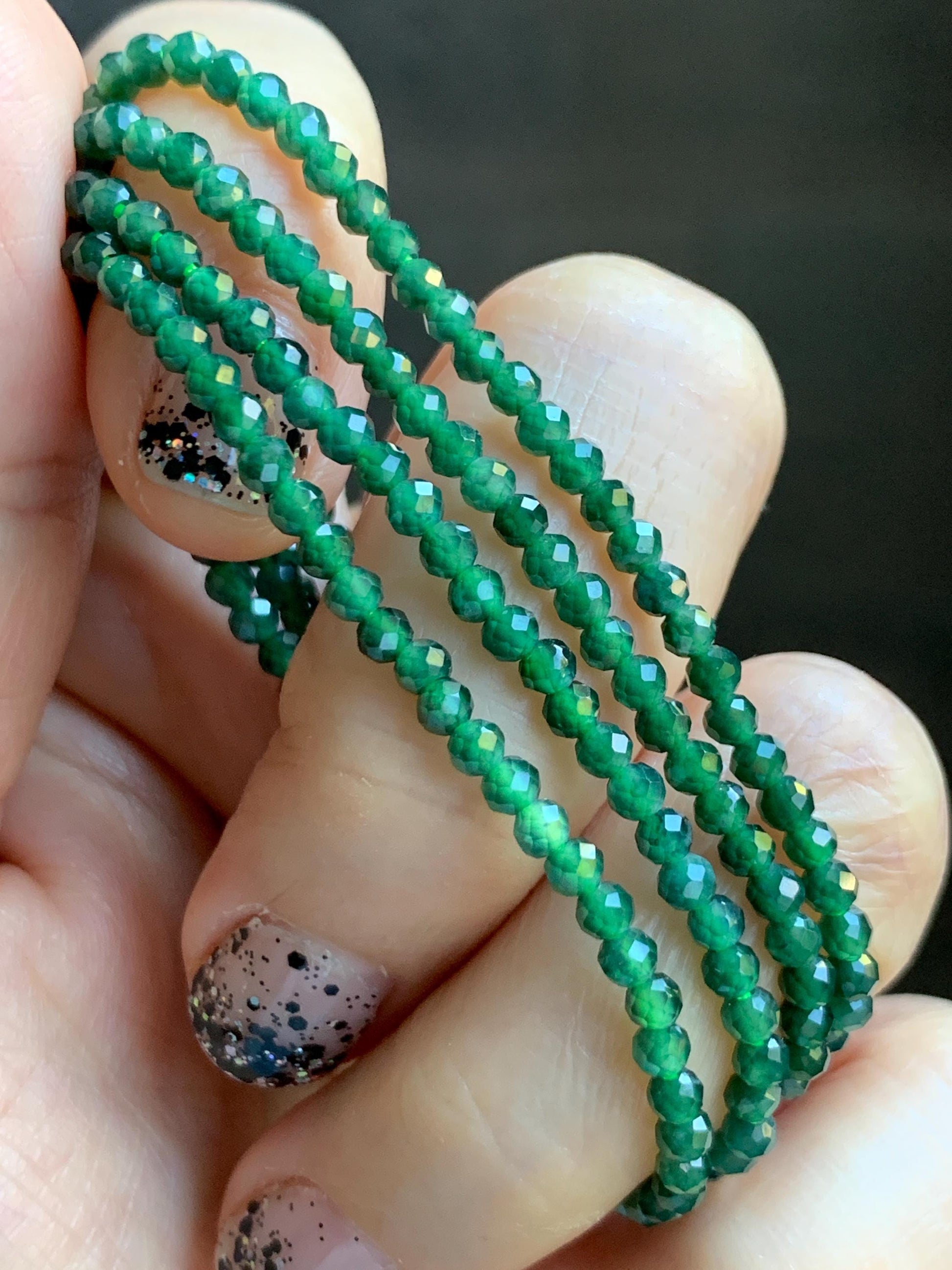 Natural Grade A Guatemalan Icy Translucent Dark Green Jade Jadeite Petite Faceted Beads Necklace Sterling Silver 3mm 22” 天然冰危绿翡翠切割圆珠项链WLV260