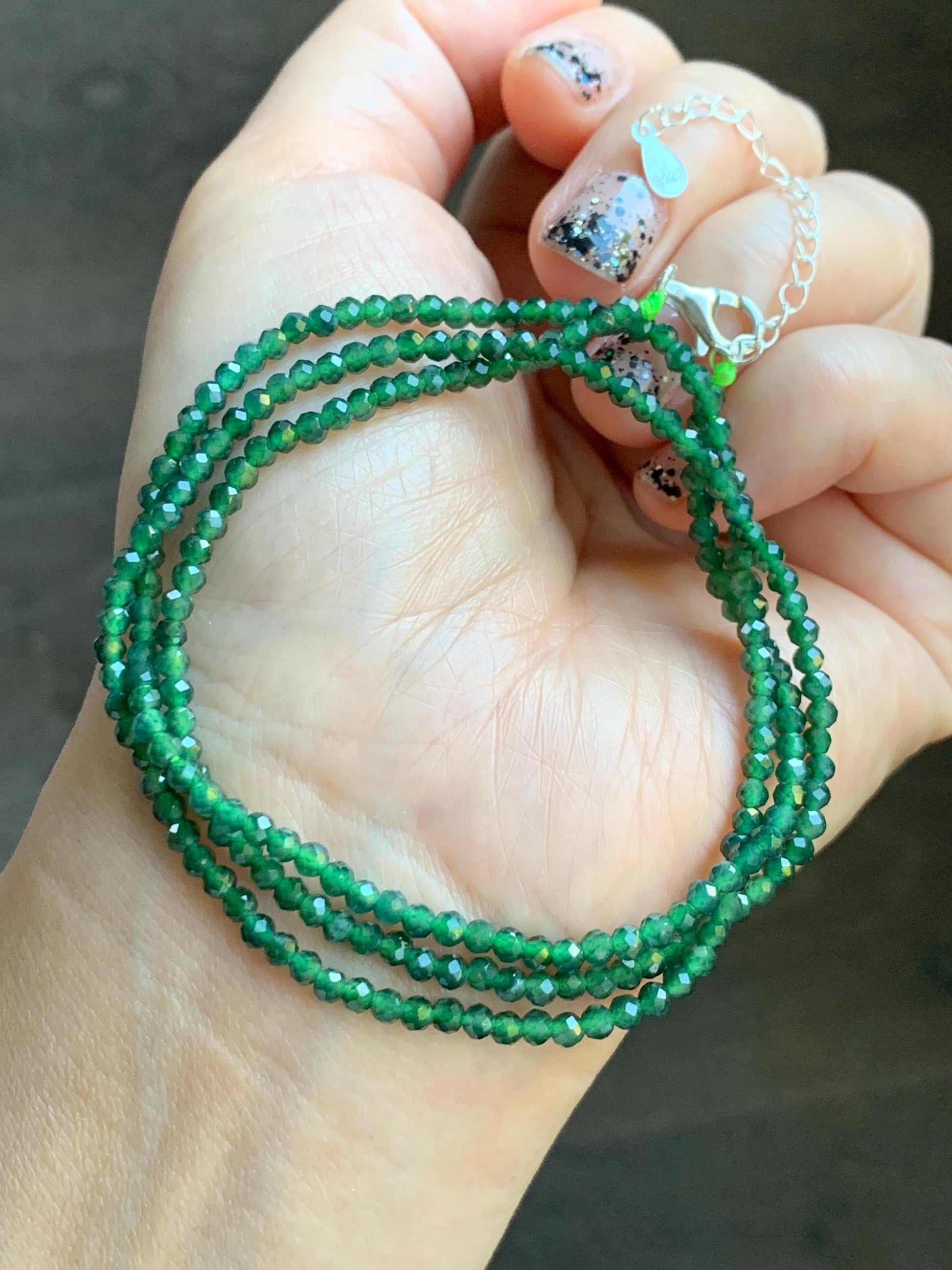 Natural Grade A Guatemalan Icy Translucent Dark Green Jade Jadeite Petite Faceted Beads Necklace Sterling Silver 3mm 22” 天然冰危绿翡翠切割圆珠项链WLV260