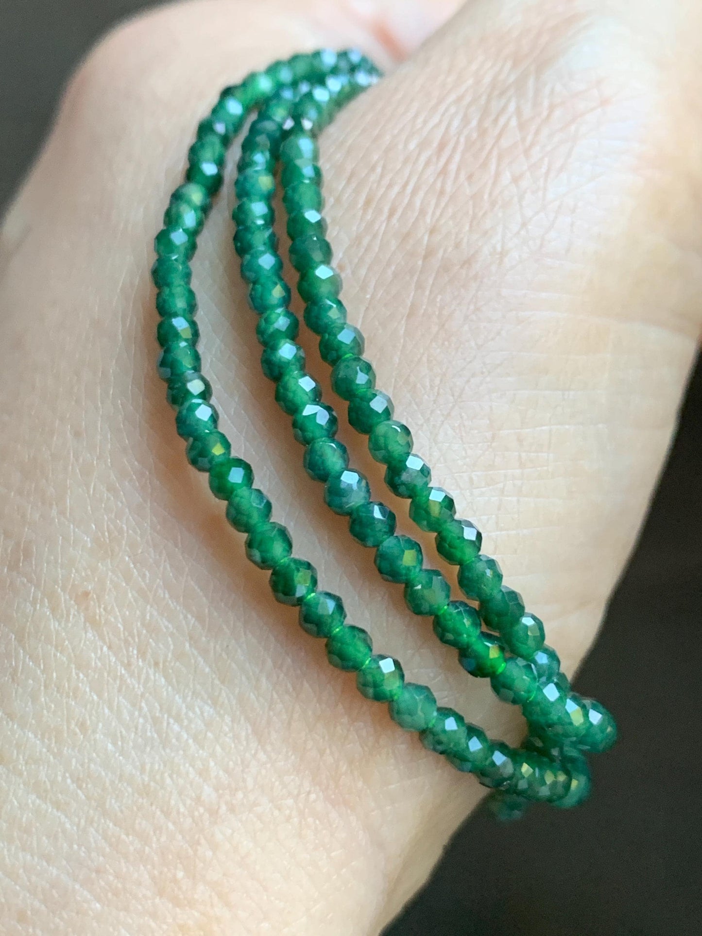 Natural Grade A Guatemalan Icy Translucent Dark Green Jade Jadeite Petite Faceted Beads Necklace Sterling Silver 3mm 22” 天然冰危绿翡翠切割圆珠项链WLV260