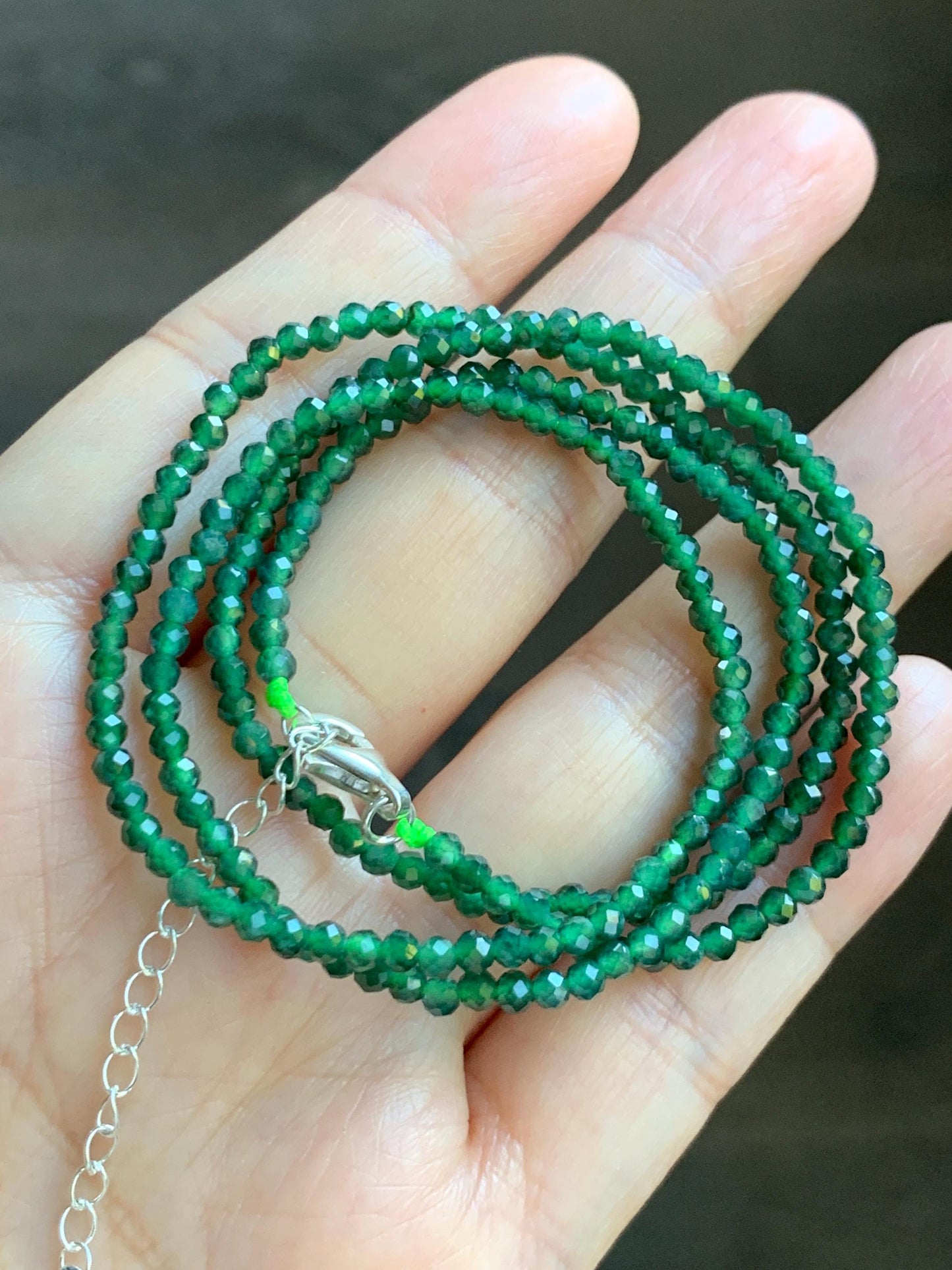 Natural Grade A Guatemalan Icy Translucent Dark Green Jade Jadeite Petite Faceted Beads Necklace Sterling Silver 3mm 22” 天然冰危绿翡翠切割圆珠项链WLV260