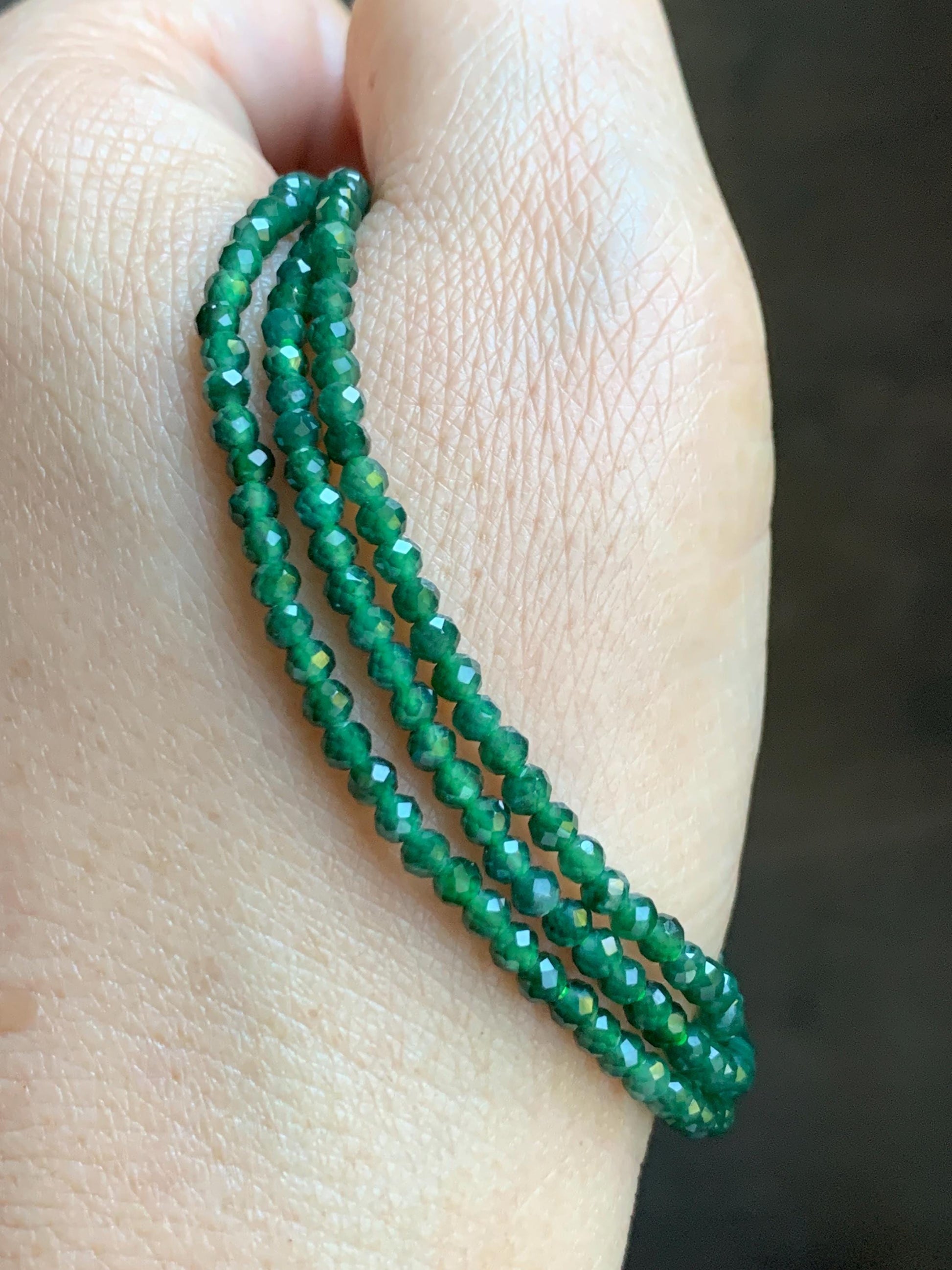Natural Grade A Guatemalan Icy Translucent Dark Green Jade Jadeite Petite Faceted Beads Necklace Sterling Silver 3mm 22” 天然冰危绿翡翠切割圆珠项链WLV260