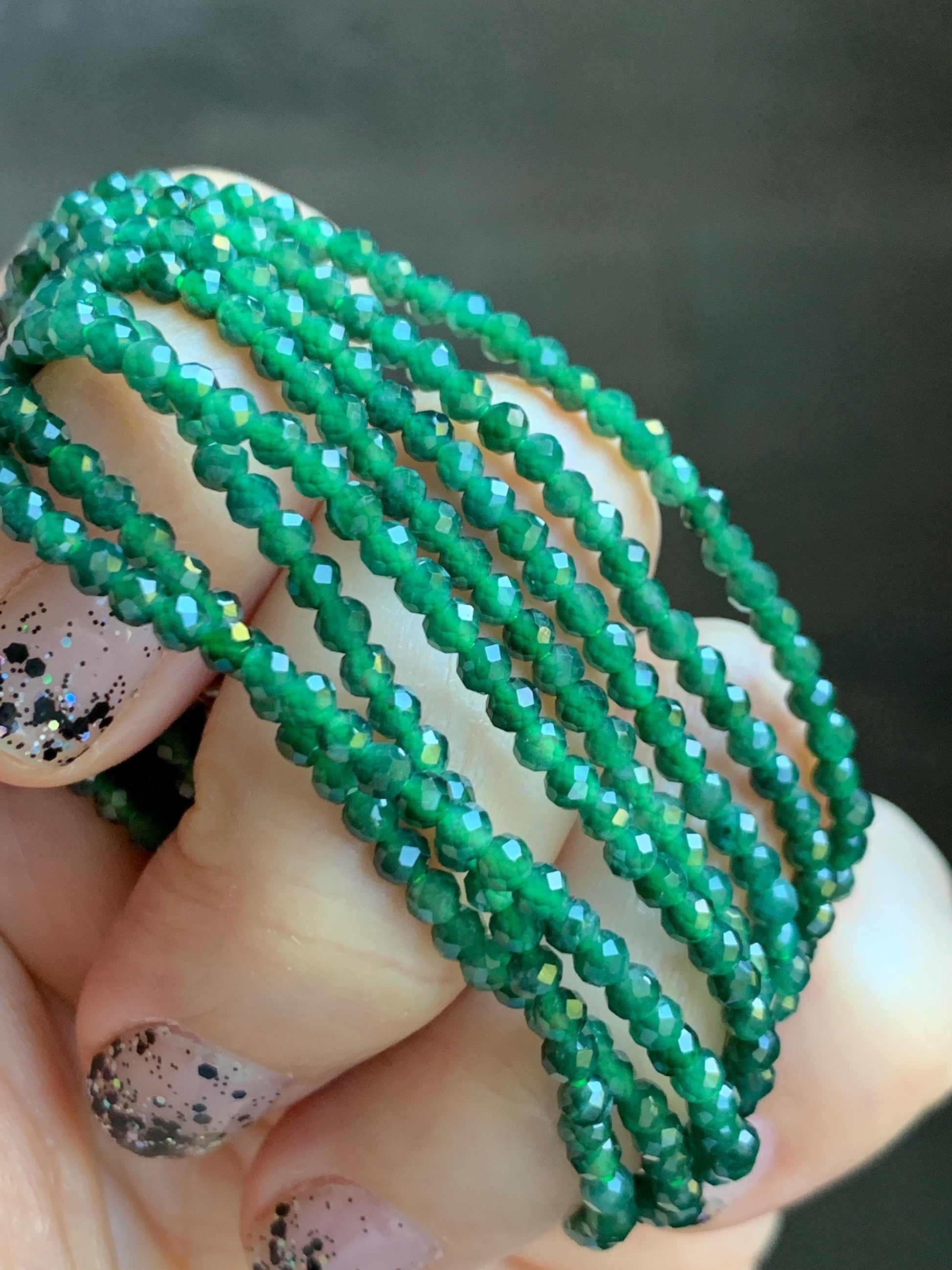 Natural Grade A Guatemalan Icy Translucent Dark Green Jade Jadeite Petite Faceted Beads Necklace Sterling Silver 3mm 22” 天然冰危绿翡翠切割圆珠项链WLV260