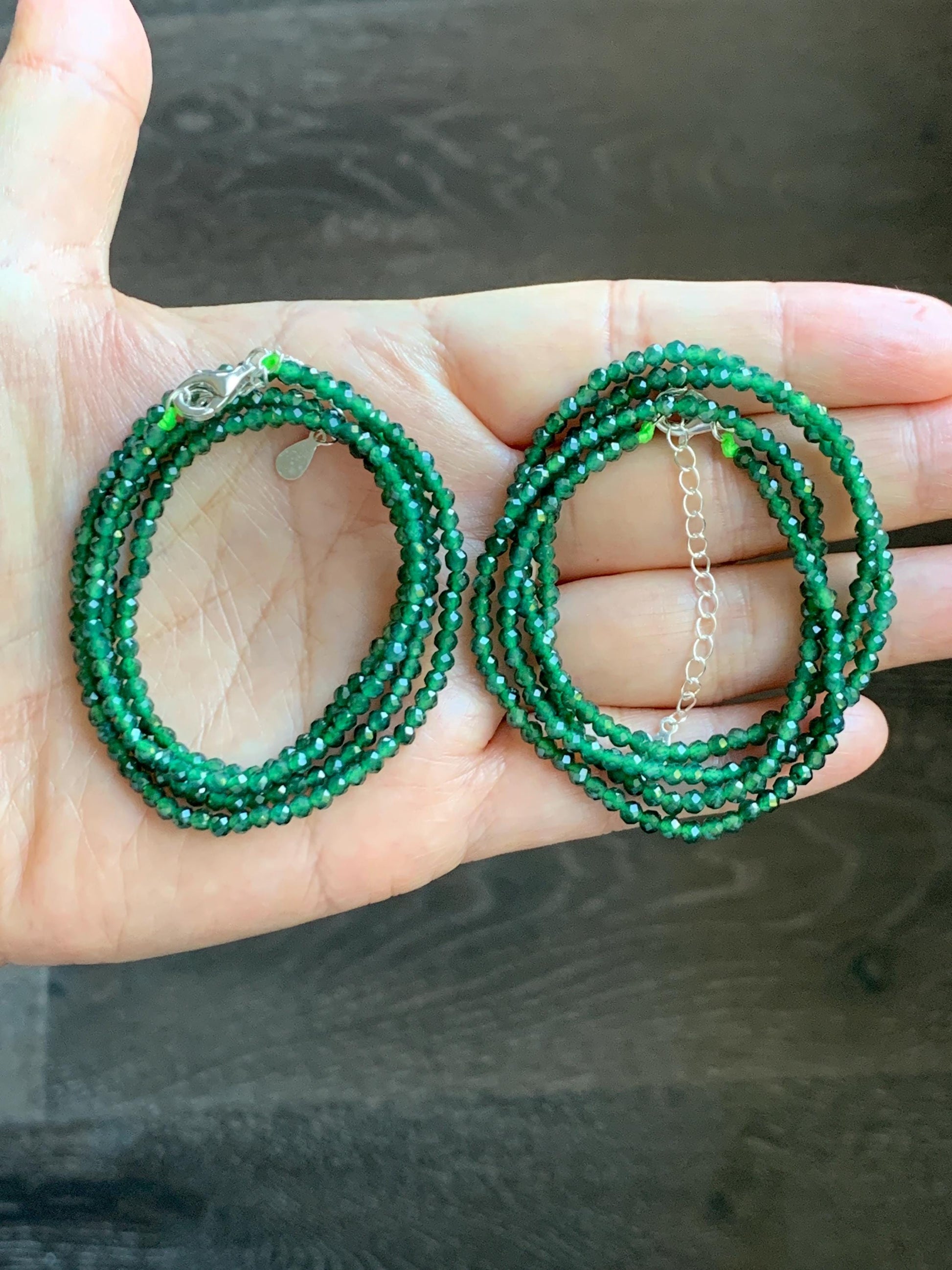 Natural Grade A Guatemalan Icy Translucent Dark Green Jade Jadeite Petite Faceted Beads Necklace Sterling Silver 3mm 22” 天然冰危绿翡翠切割圆珠项链WLV260