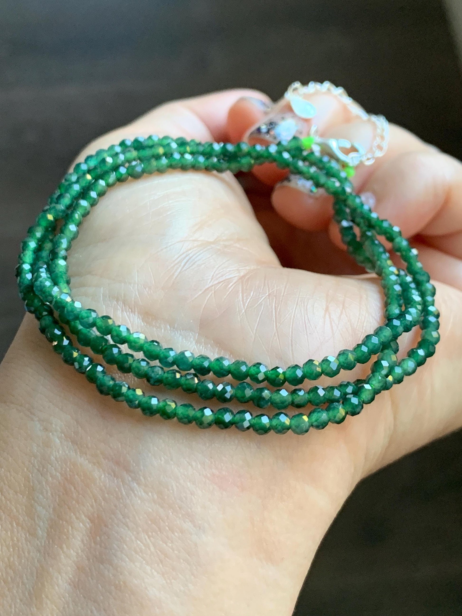 Natural Grade A Guatemalan Icy Translucent Dark Green Jade Jadeite Petite Faceted Beads Necklace Sterling Silver 3mm 22” 天然冰危绿翡翠切割圆珠项链WLV260