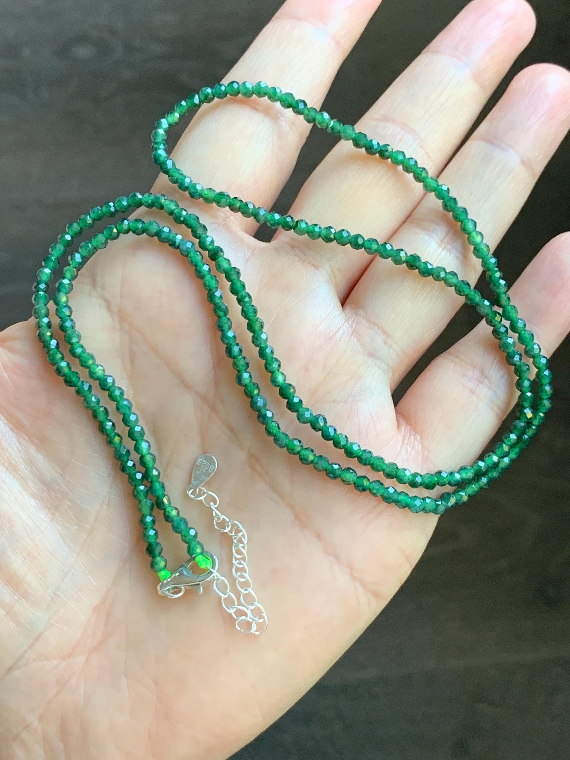 Natural Grade A Guatemalan Icy Translucent Dark Green Jade Jadeite Petite Faceted Beads Necklace Sterling Silver 3mm 22” 天然冰危绿翡翠切割圆珠项链WLV260