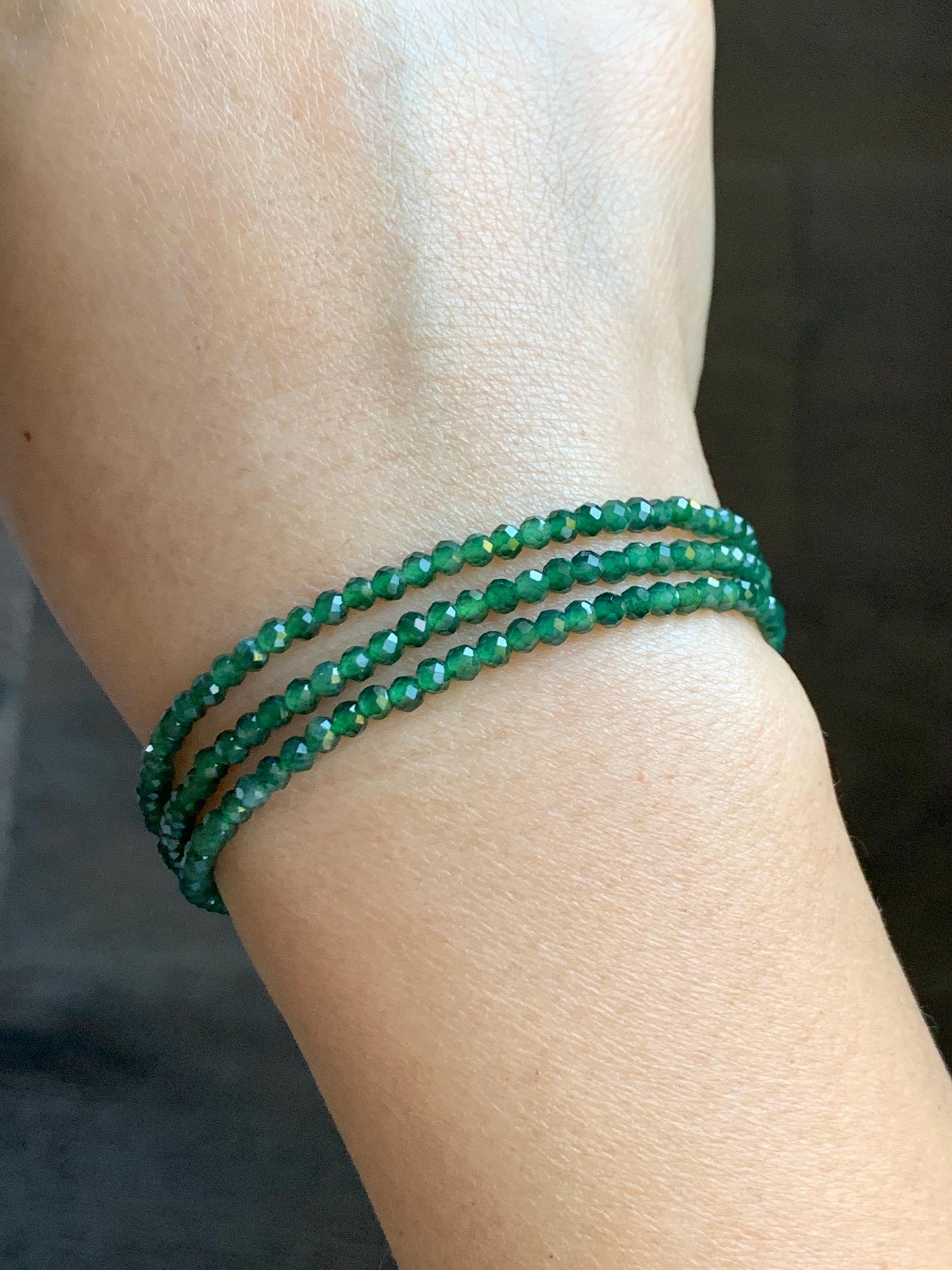 Natural Grade A Guatemalan Icy Translucent Dark Green Jade Jadeite Petite Faceted Beads Necklace Sterling Silver 3mm 22” 天然冰危绿翡翠切割圆珠项链WLV260