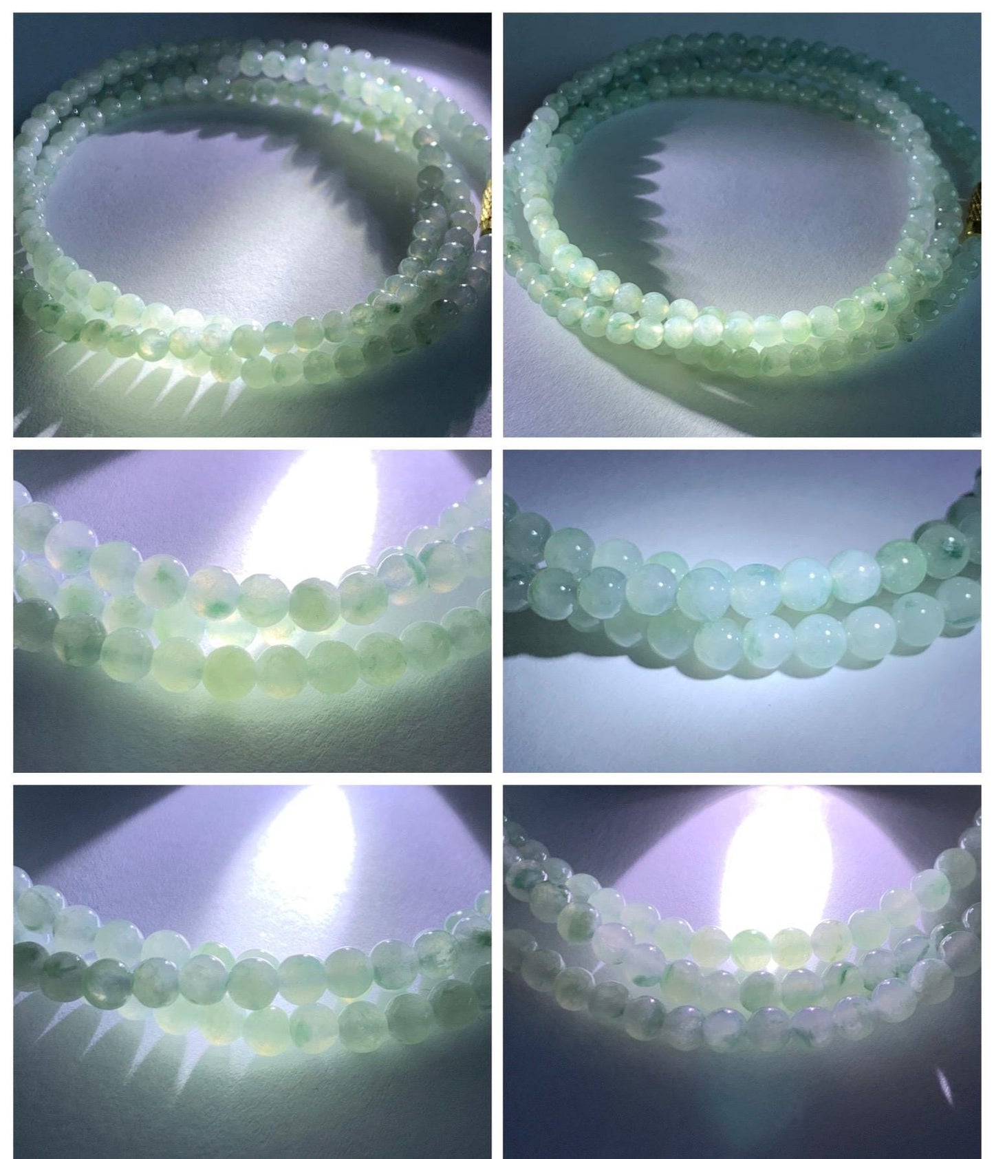 Grade A Natural Icy Translucent White Green Marbled Jade Jadeite Petite Beads Beaded Necklace 4mm 23” 18g 天然冰飘绿花翡翠小圆珠项链 MPH138