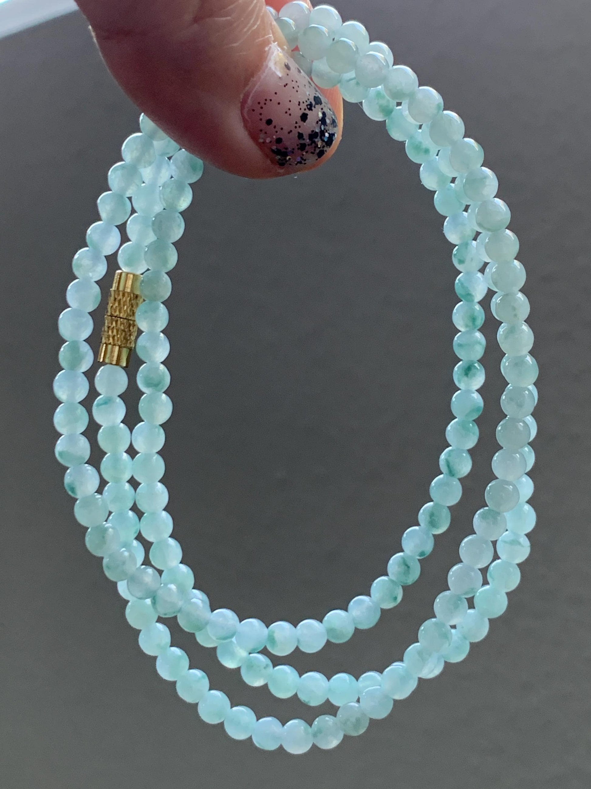 Grade A Natural Icy Translucent White Green Marbled Jade Jadeite Petite Beads Beaded Necklace 4mm 23” 18g 天然冰飘绿花翡翠小圆珠项链 MPH138