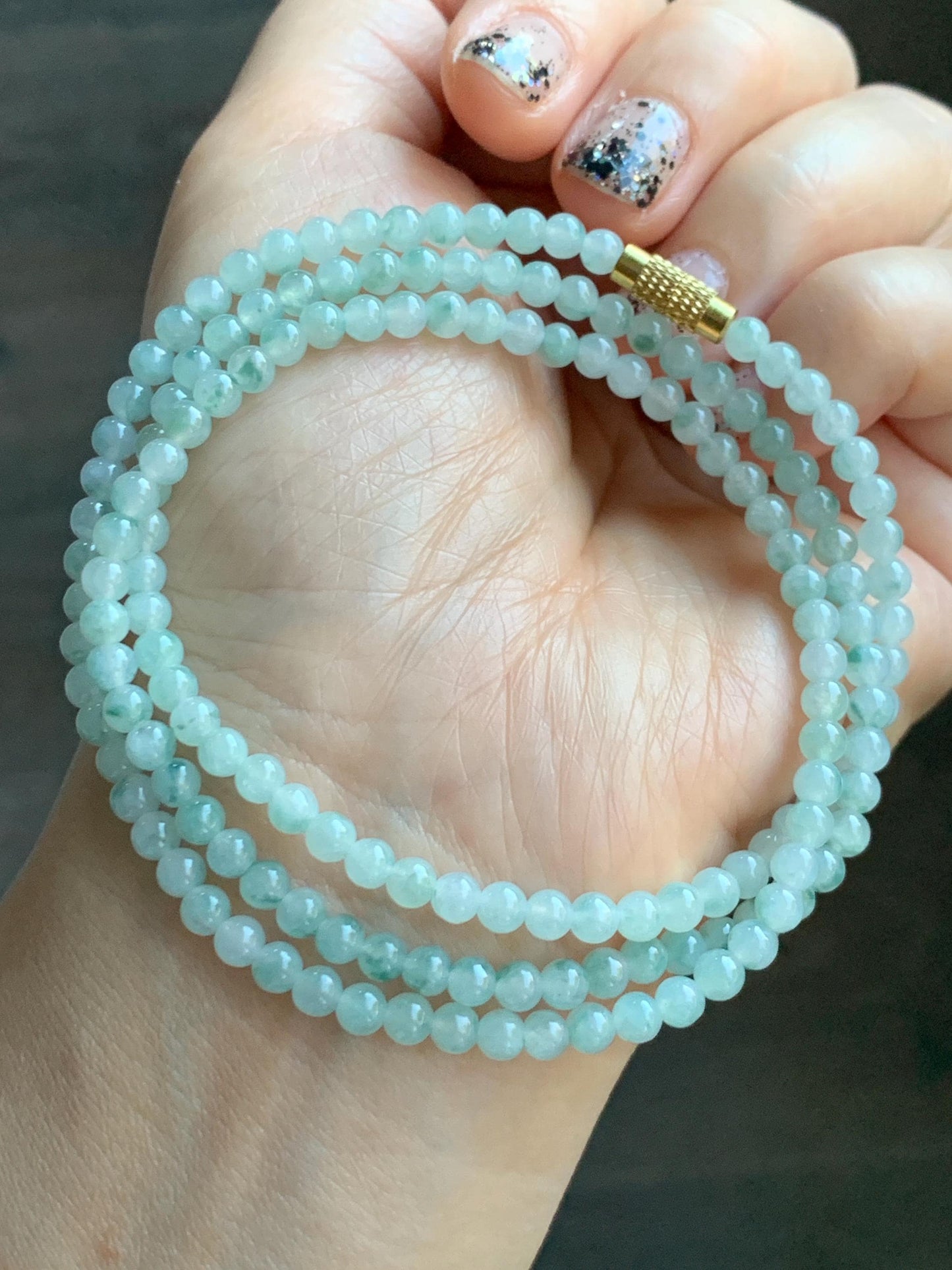 Grade A Natural Icy Translucent White Green Marbled Jade Jadeite Petite Beads Beaded Necklace 4mm 23” 18g 天然冰飘绿花翡翠小圆珠项链 MPH138