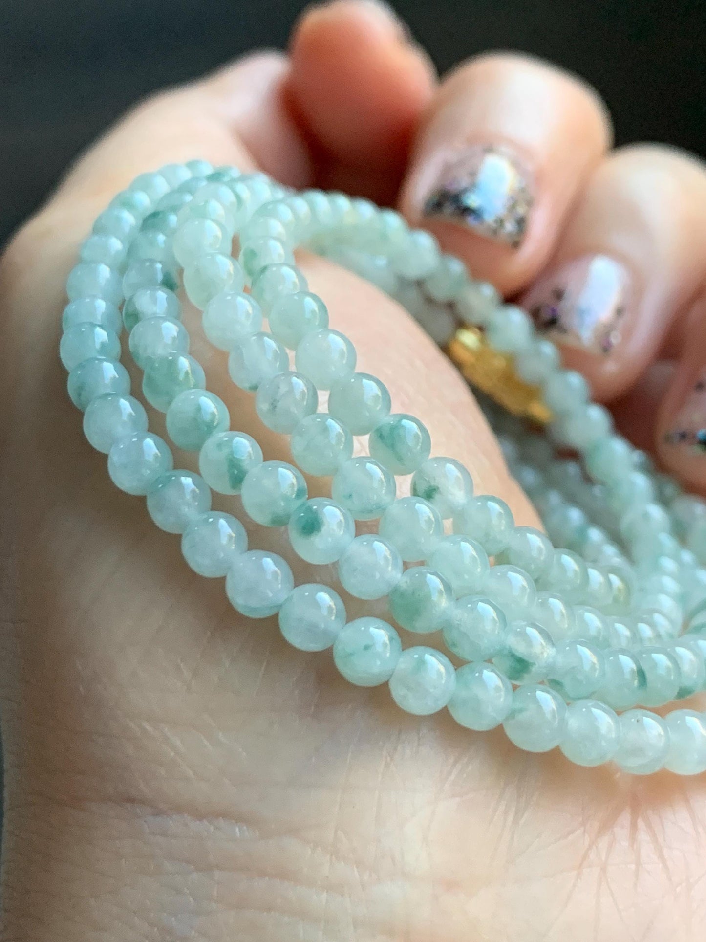 Grade A Natural Icy Translucent White Green Marbled Jade Jadeite Petite Beads Beaded Necklace 4mm 23” 18g 天然冰飘绿花翡翠小圆珠项链 MPH138