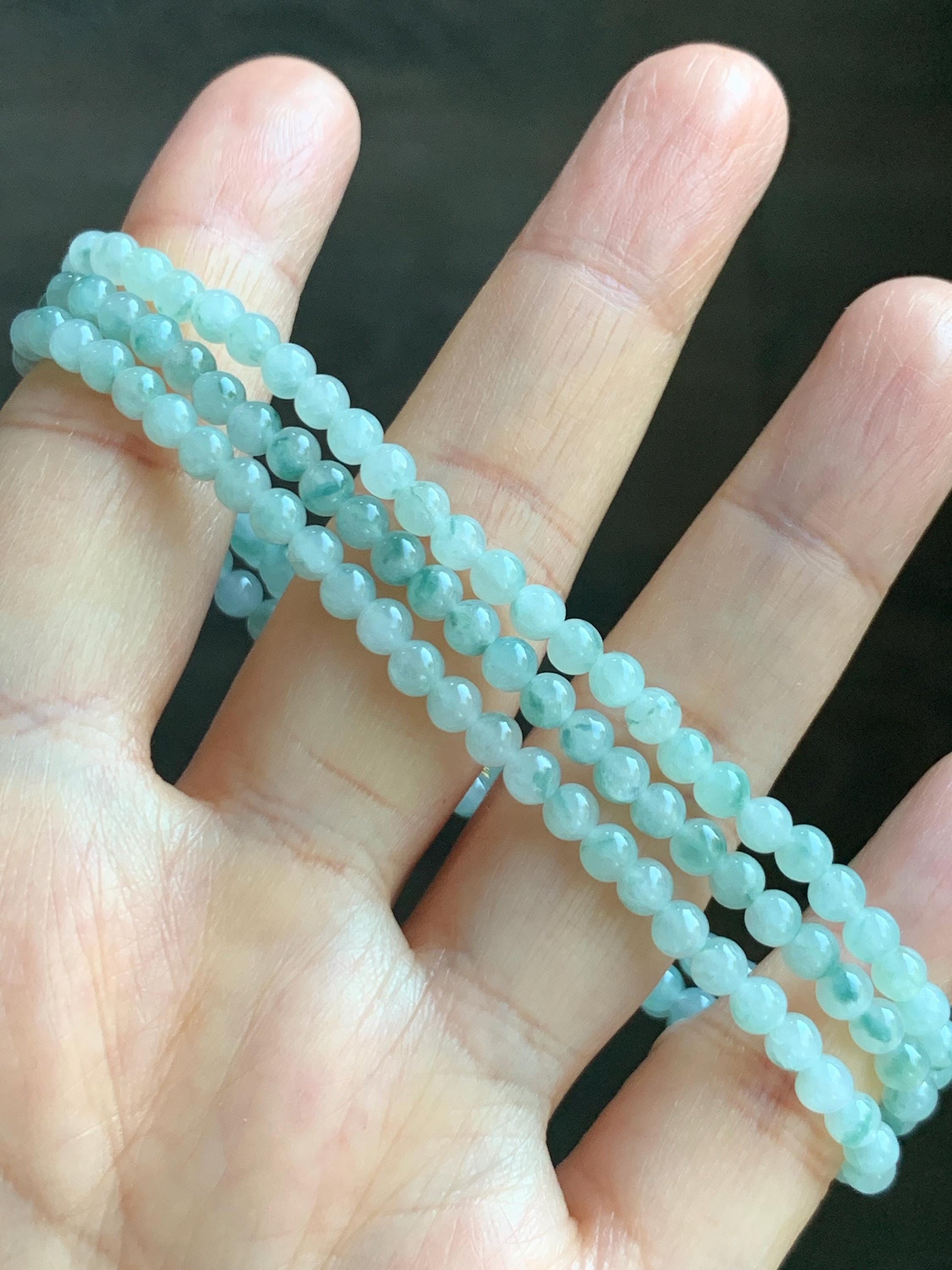 Grade A Natural Icy Translucent White Green Marbled Jade Jadeite Petite Beads Beaded Necklace 4mm 23” 18g 天然冰飘绿花翡翠小圆珠项链 MPH138
