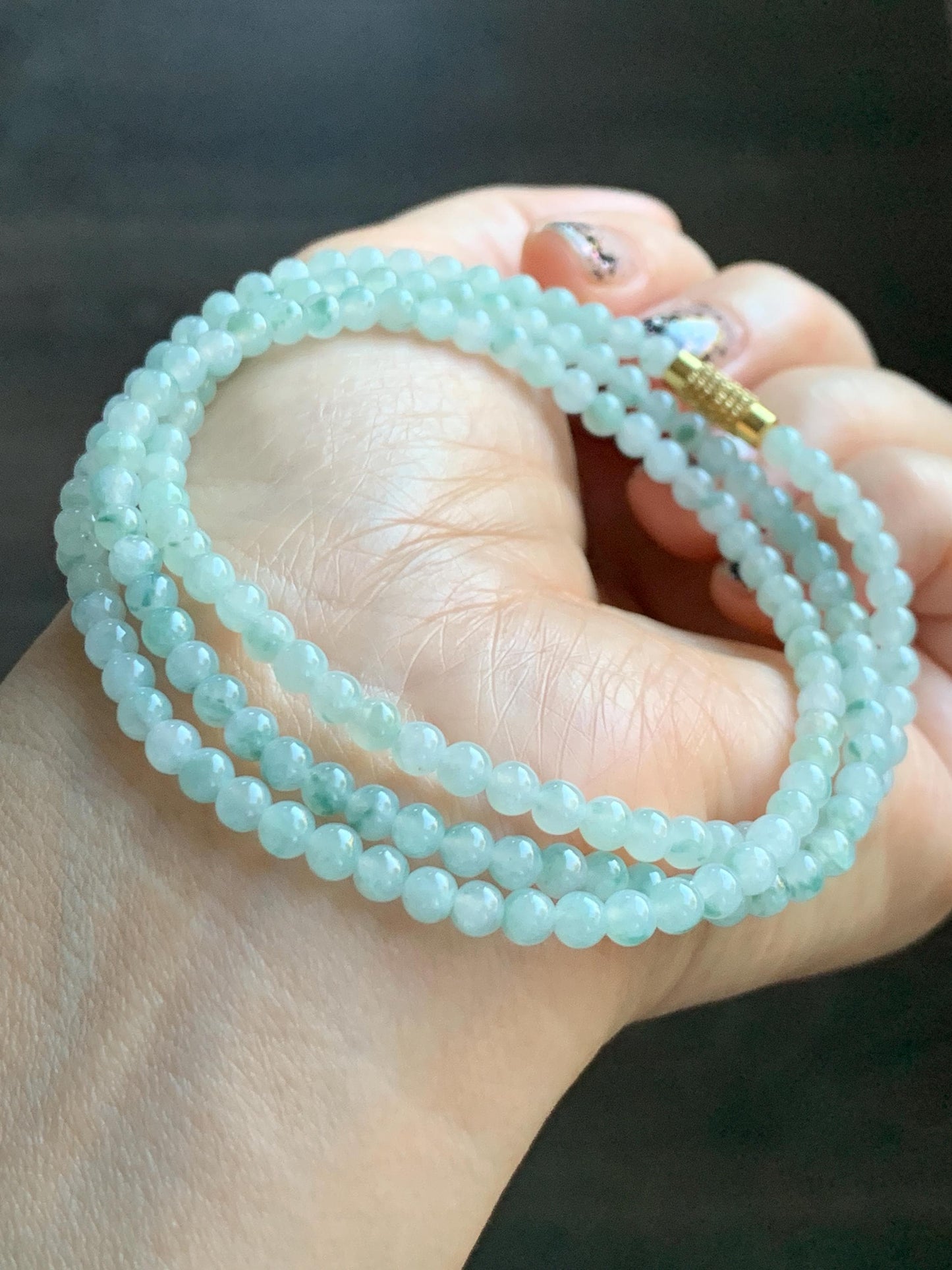 Grade A Natural Icy Translucent White Green Marbled Jade Jadeite Petite Beads Beaded Necklace 4mm 23” 18g 天然冰飘绿花翡翠小圆珠项链 MPH138
