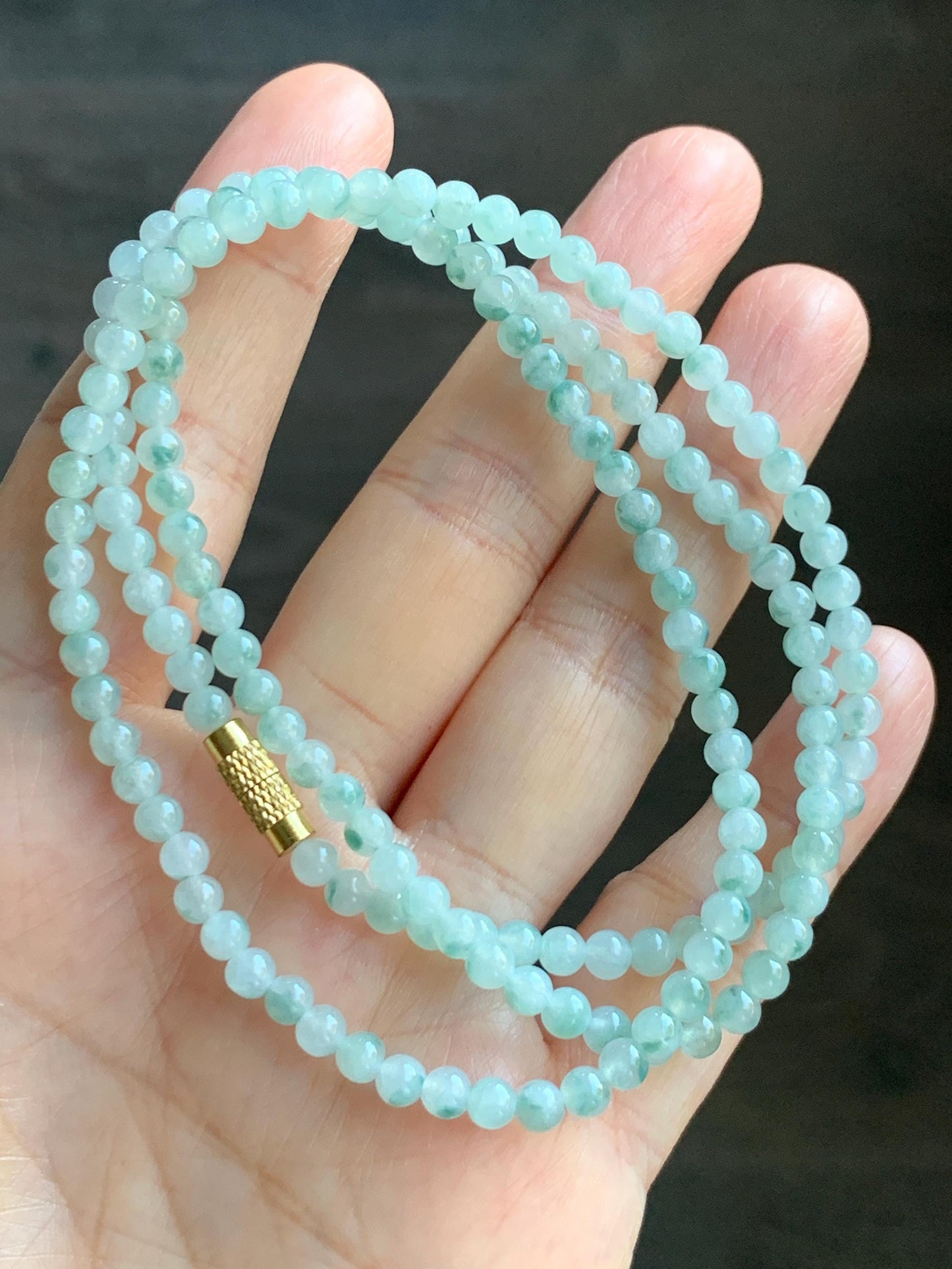 Grade A Natural Icy Translucent White Green Marbled Jade Jadeite Petite Beads Beaded Necklace 4mm 23” 18g 天然冰飘绿花翡翠小圆珠项链 MPH138