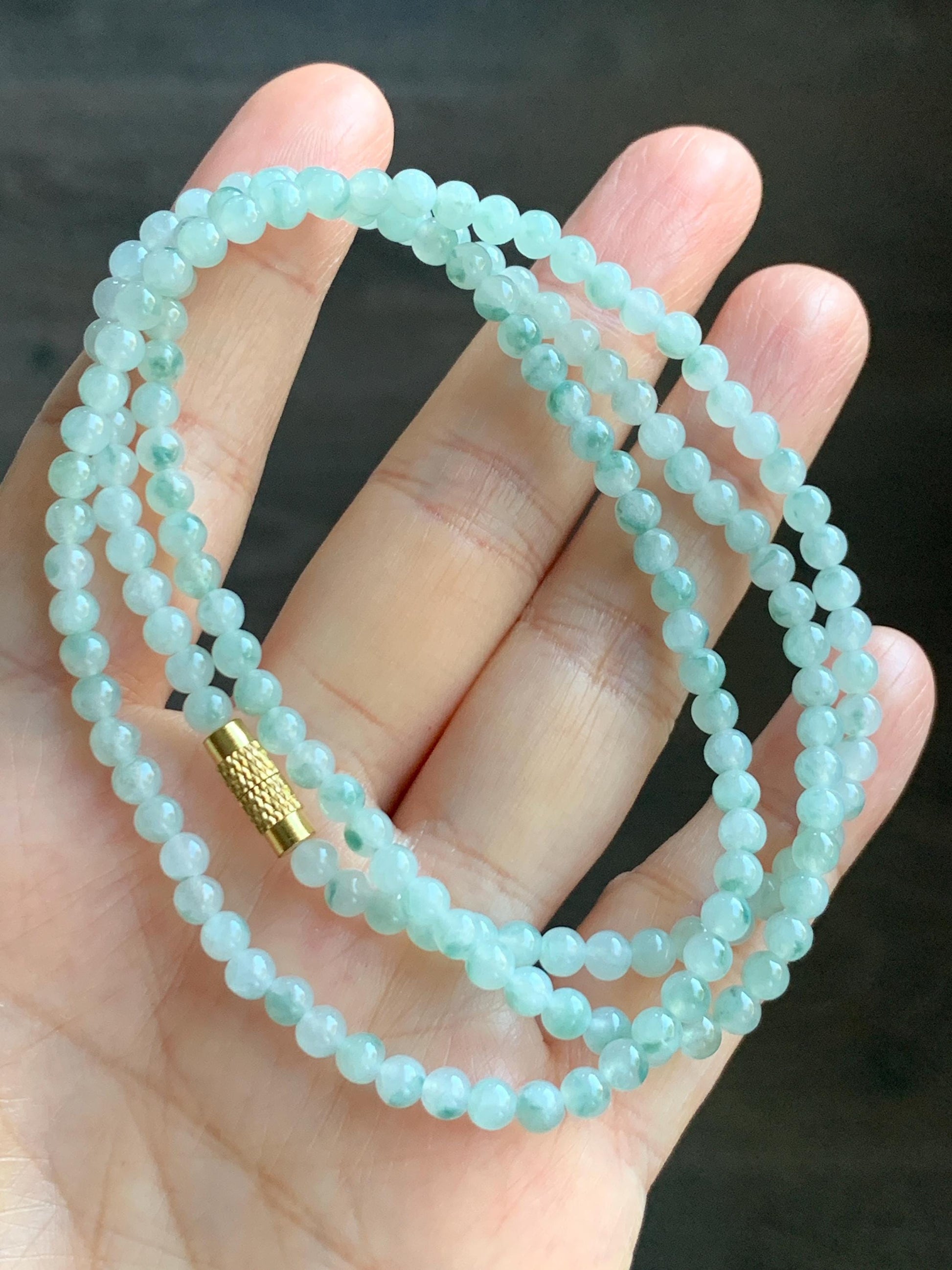 Grade A Natural Icy Translucent White Green Marbled Jade Jadeite Petite Beads Beaded Necklace 4mm 23” 18g 天然冰飘绿花翡翠小圆珠项链 MPH138