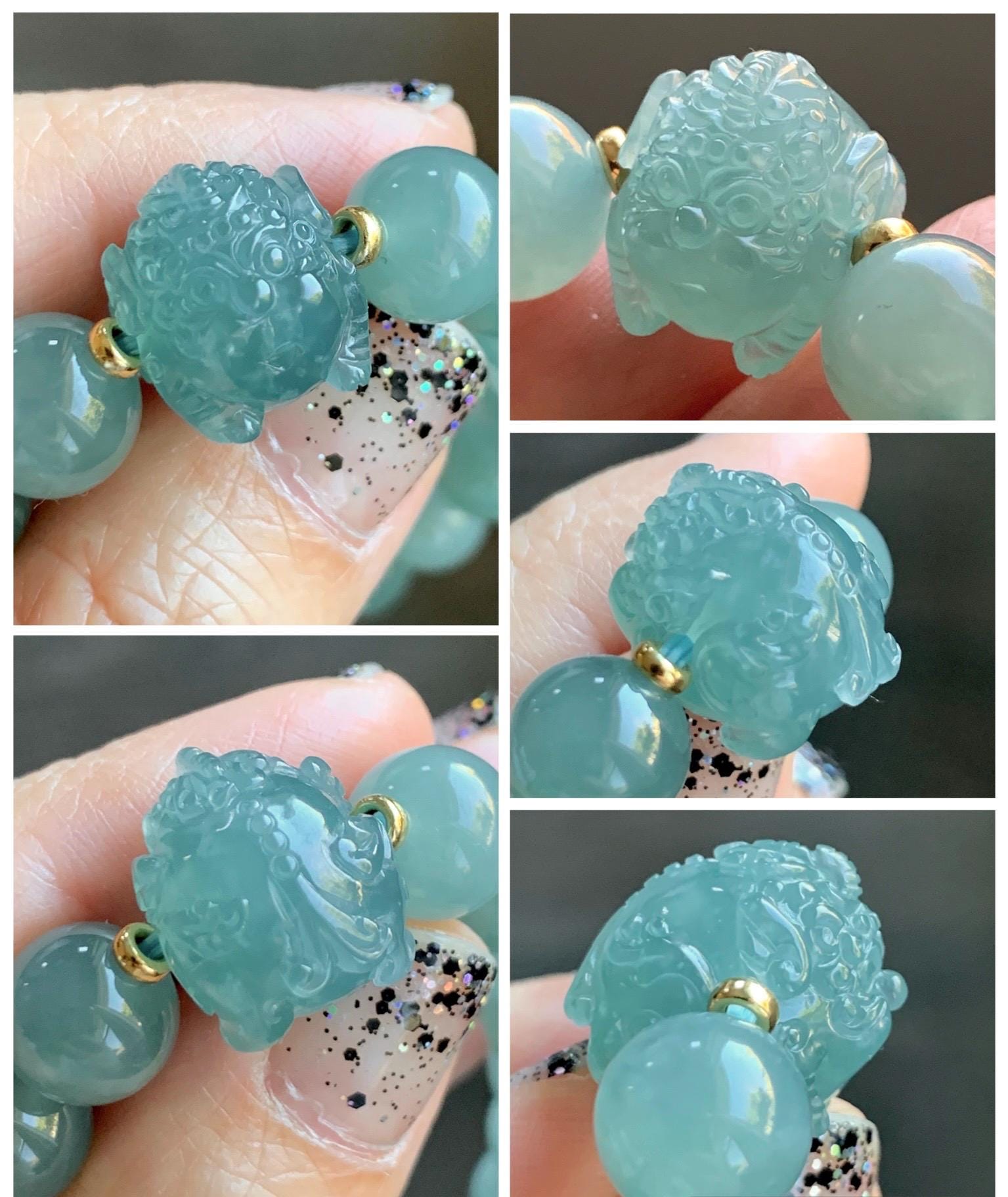 Natural Grade A Guatemalan Icy Highly Translucent Dusty Teal Blue Jade Jadeite Pixiu Beaded Bracelet 9.8mm 7.5” 35g 天然冰危蓝绿翡翠貔貅圆珠手串 WVP358