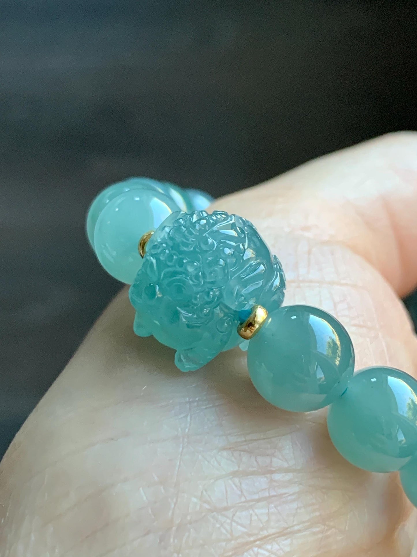 Natural Grade A Guatemalan Icy Highly Translucent Dusty Teal Blue Jade Jadeite Pixiu Beaded Bracelet 9.8mm 7.5” 35g 天然冰危蓝绿翡翠貔貅圆珠手串 WVP358