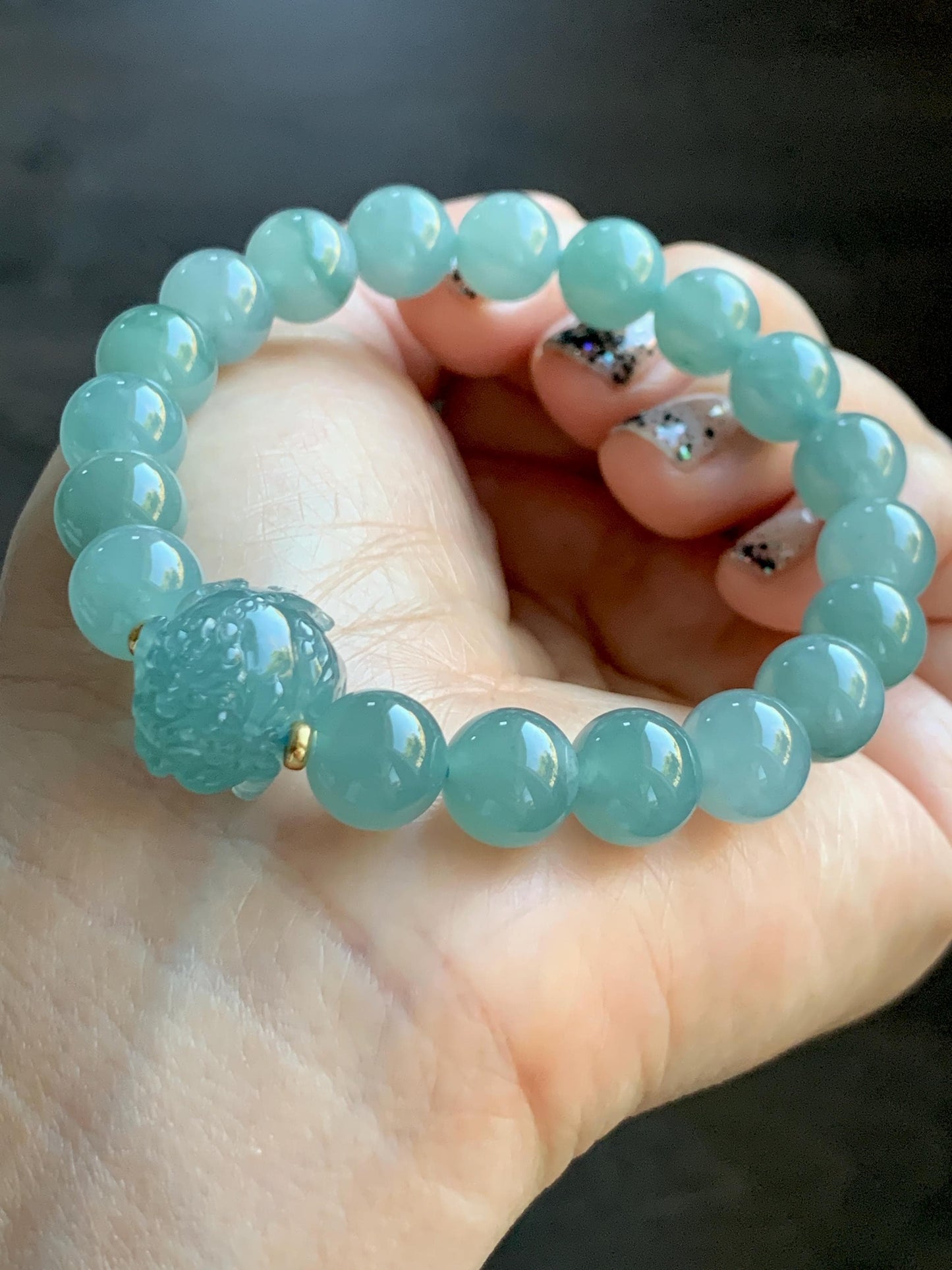 Natural Grade A Guatemalan Icy Highly Translucent Dusty Teal Blue Jade Jadeite Pixiu Beaded Bracelet 9.8mm 7.5” 35g 天然冰危蓝绿翡翠貔貅圆珠手串 WVP358