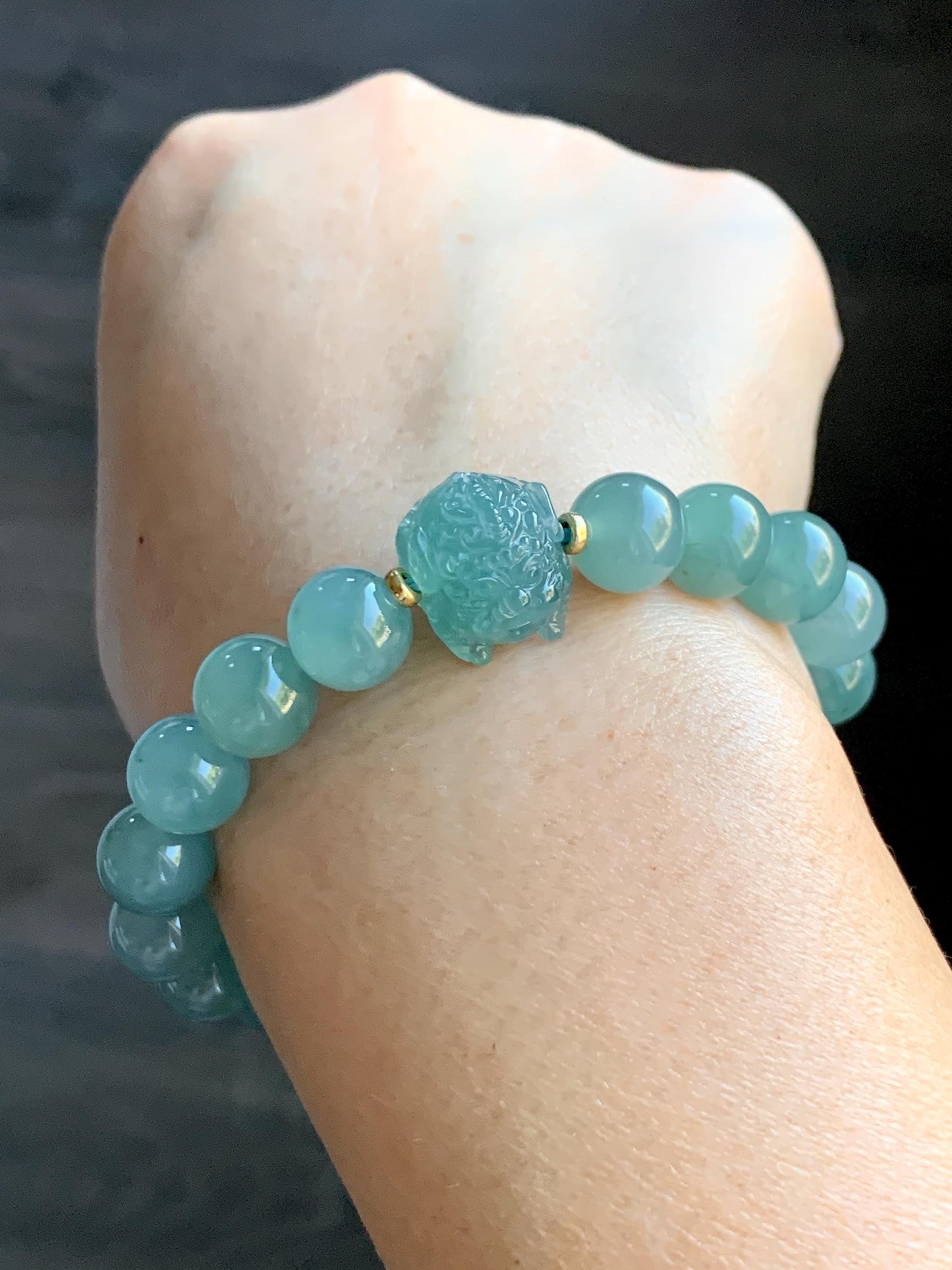 Natural Grade A Guatemalan Icy Highly Translucent Dusty Teal Blue Jade Jadeite Pixiu Beaded Bracelet 9.8mm 7.5” 35g 天然冰危蓝绿翡翠貔貅圆珠手串 WVP358