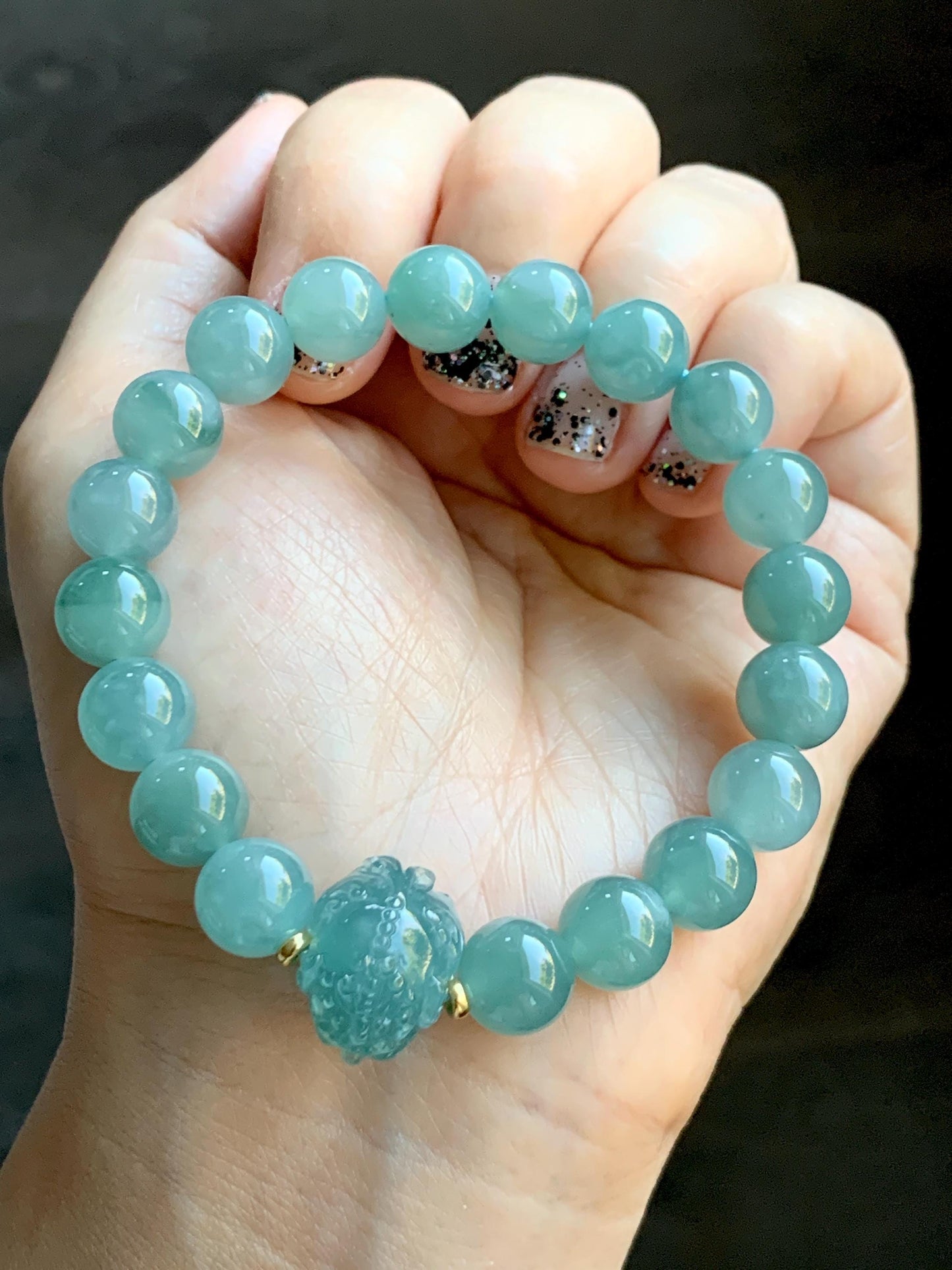 Natural Grade A Guatemalan Icy Highly Translucent Dusty Teal Blue Jade Jadeite Pixiu Beaded Bracelet 9.8mm 7.5” 35g 天然冰危蓝绿翡翠貔貅圆珠手串 WVP358
