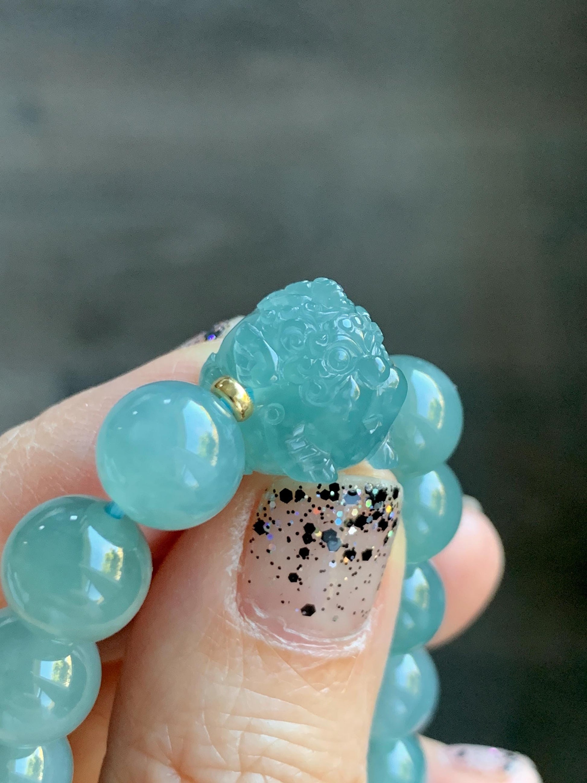 Natural Grade A Guatemalan Icy Highly Translucent Dusty Teal Blue Jade Jadeite Pixiu Beaded Bracelet 9.8mm 7.5” 35g 天然冰危蓝绿翡翠貔貅圆珠手串 WVP358