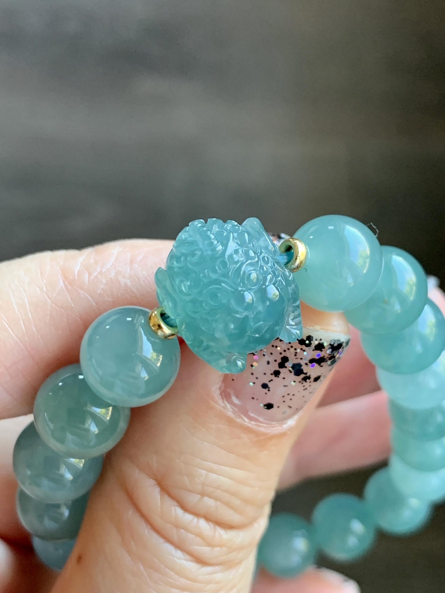 Natural Grade A Guatemalan Icy Highly Translucent Dusty Teal Blue Jade Jadeite Pixiu Beaded Bracelet 9.8mm 7.5” 35g 天然冰危蓝绿翡翠貔貅圆珠手串 WVP358