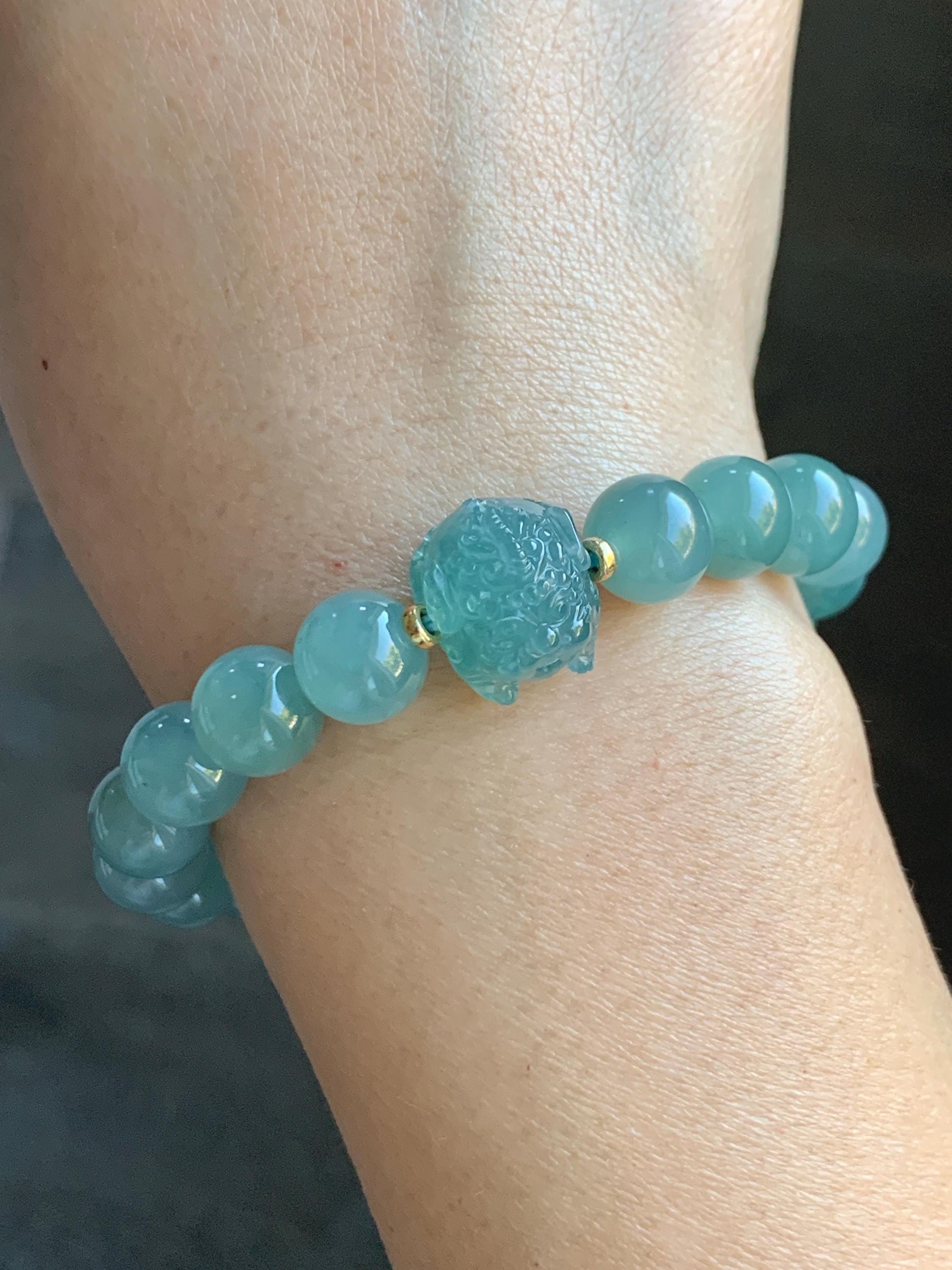 Natural Grade A Guatemalan Icy Highly Translucent Dusty Teal Blue Jade Jadeite Pixiu Beaded Bracelet 9.8mm 7.5” 35g 天然冰危蓝绿翡翠貔貅圆珠手串 WVP358