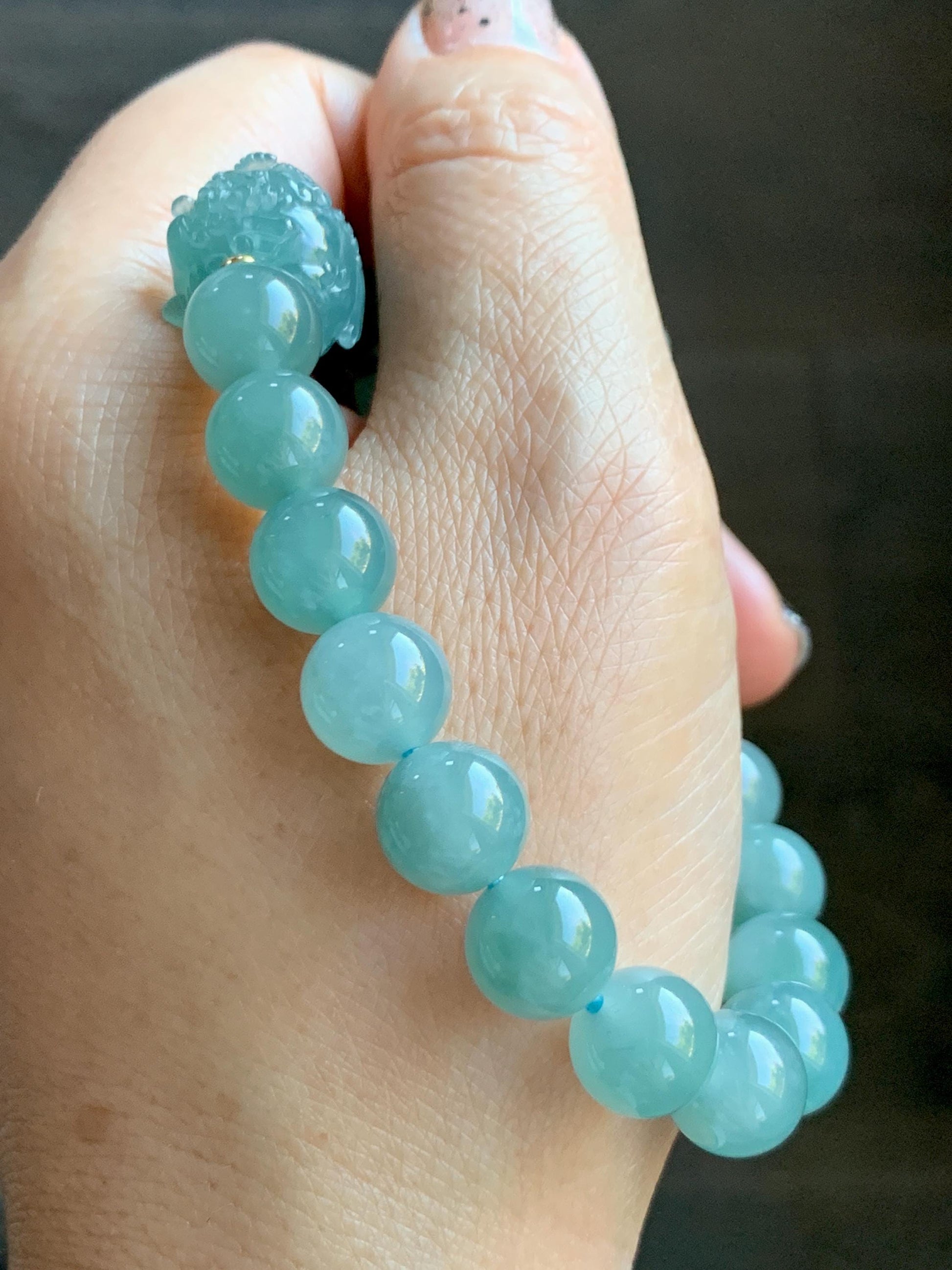 Natural Grade A Guatemalan Icy Highly Translucent Dusty Teal Blue Jade Jadeite Pixiu Beaded Bracelet 9.8mm 7.5” 35g 天然冰危蓝绿翡翠貔貅圆珠手串 WVP358