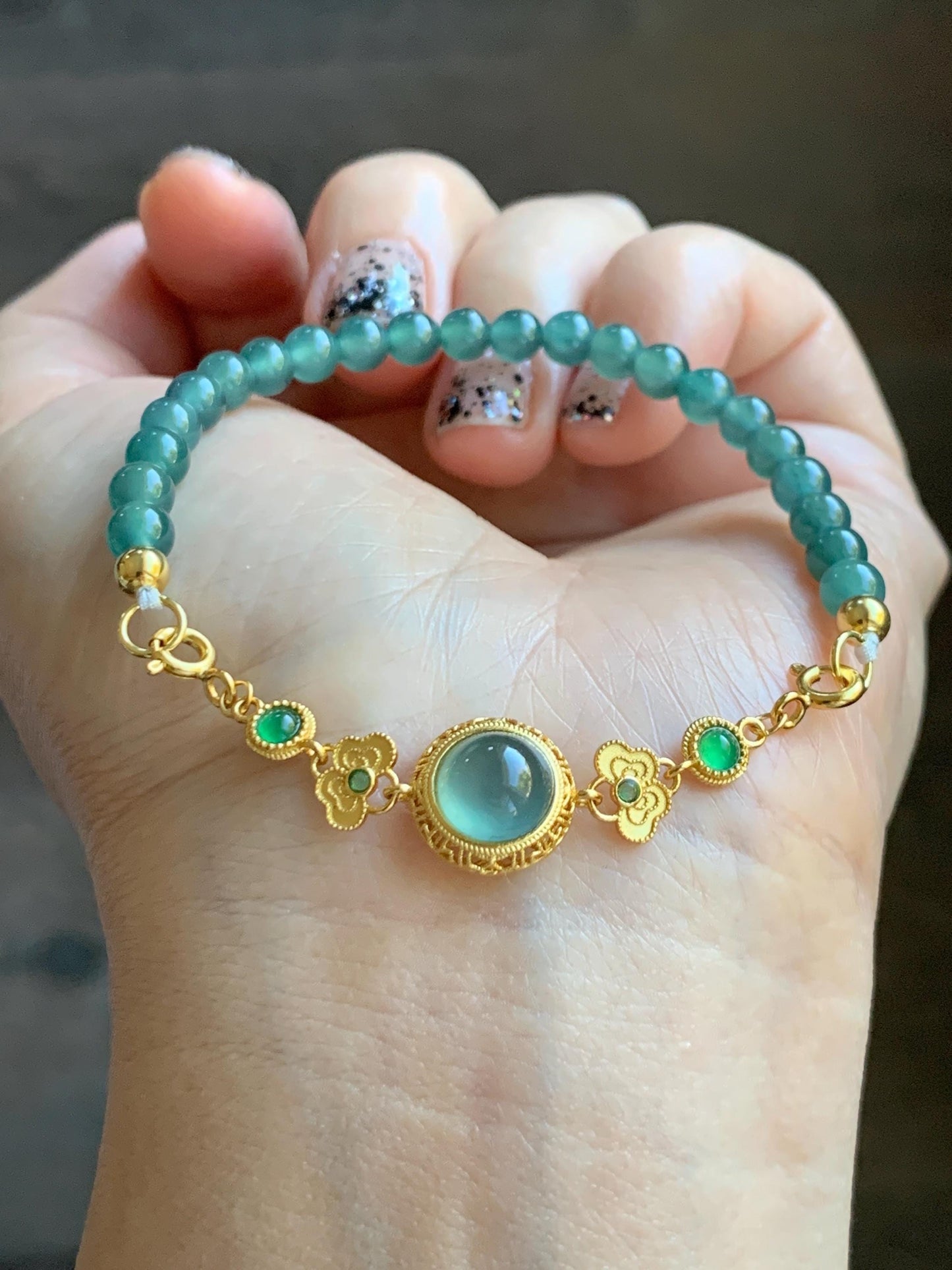 Natural Grade A Guatemalan Icy Translucent Dark Teal Green Jade Jadeite Charm Beads Beaded Bracelet Sterling Silver 7” 天然冰危蓝绿翡翠潘多拉圆珠手串WPD168