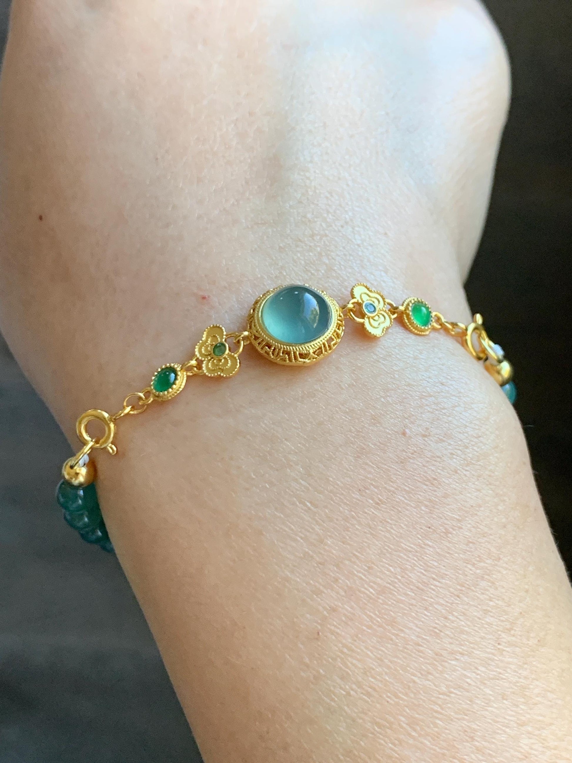 Natural Grade A Guatemalan Icy Translucent Dark Teal Green Jade Jadeite Charm Beads Beaded Bracelet Sterling Silver 7” 天然冰危蓝绿翡翠潘多拉圆珠手串WPD168