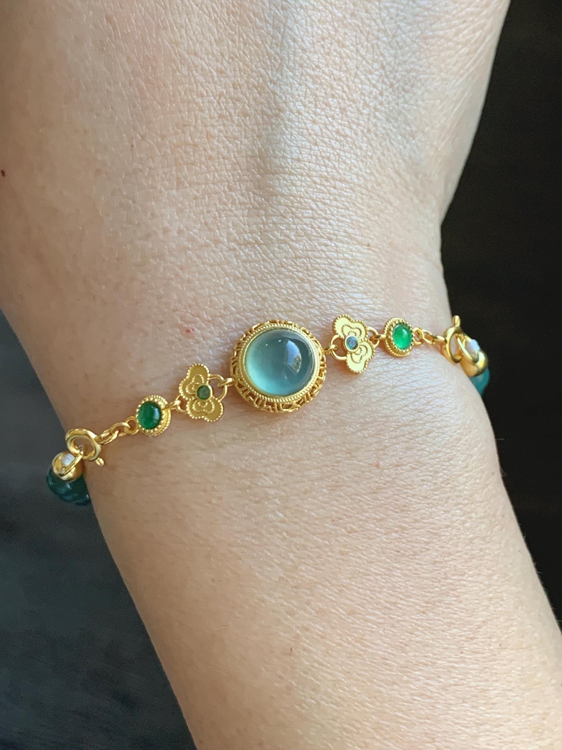 Natural Grade A Guatemalan Icy Translucent Dark Teal Green Jade Jadeite Charm Beads Beaded Bracelet Sterling Silver 7” 天然冰危蓝绿翡翠潘多拉圆珠手串WPD168