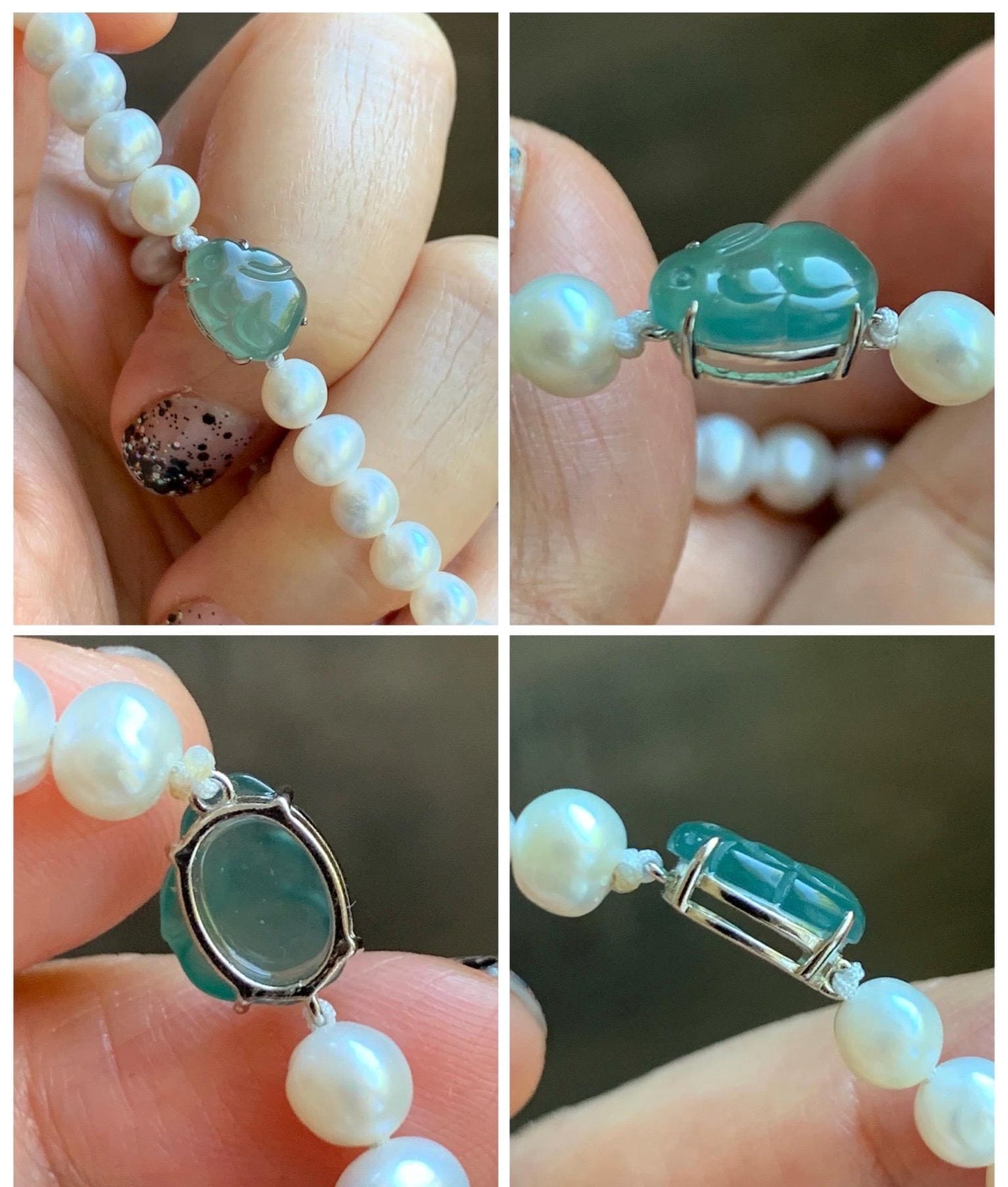 Natural Grade A Icy Translucent Teal Green Jadeite Charms Natural Freshwater Pearls Beaded Bracelet Sterling Silver 7" 天然淡水无核珍珠冰晴翡翠手串ZHF239