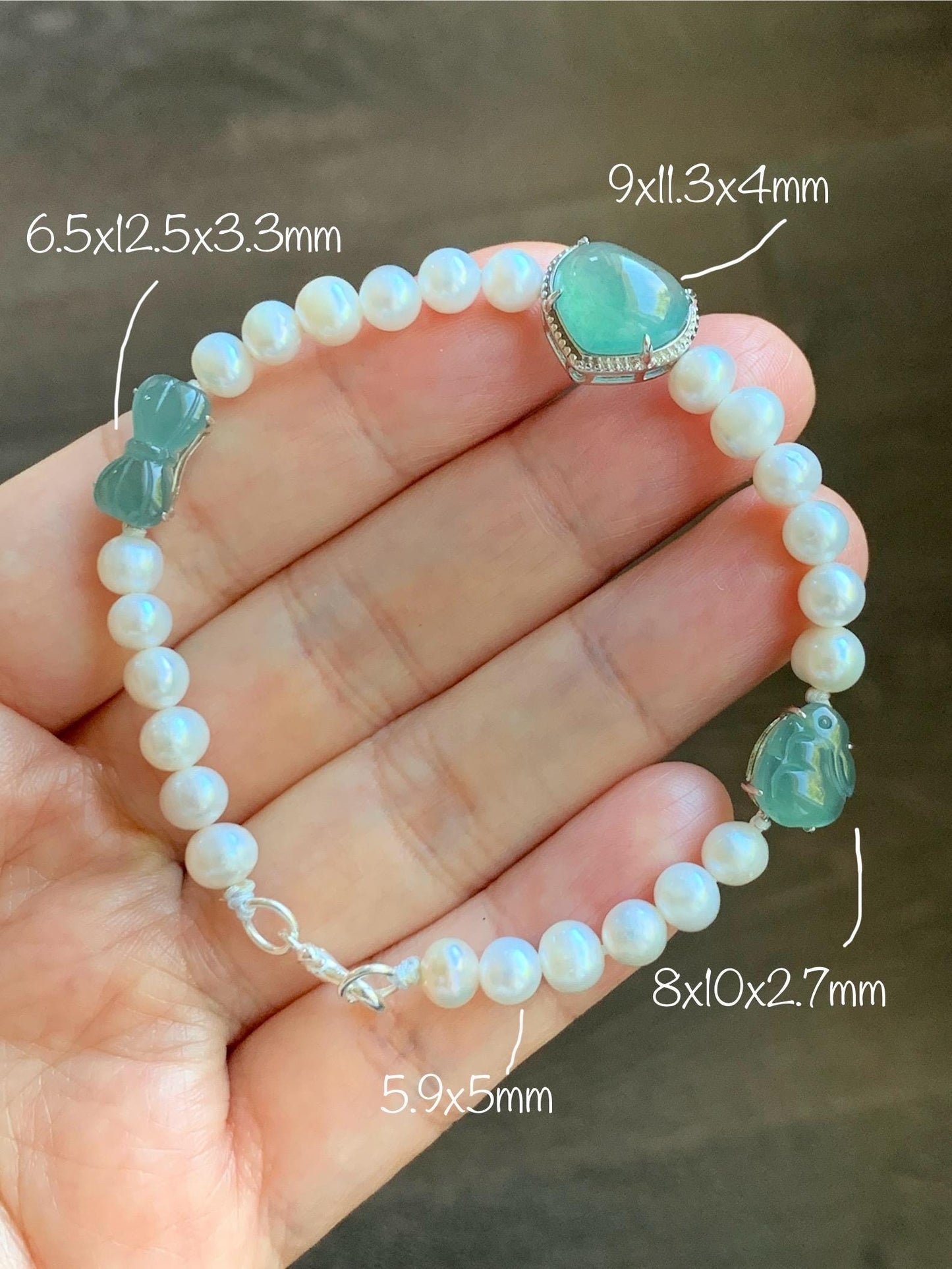 Natural Grade A Icy Translucent Teal Green Jadeite Charms Natural Freshwater Pearls Beaded Bracelet Sterling Silver 7" 天然淡水无核珍珠冰晴翡翠手串ZHF239