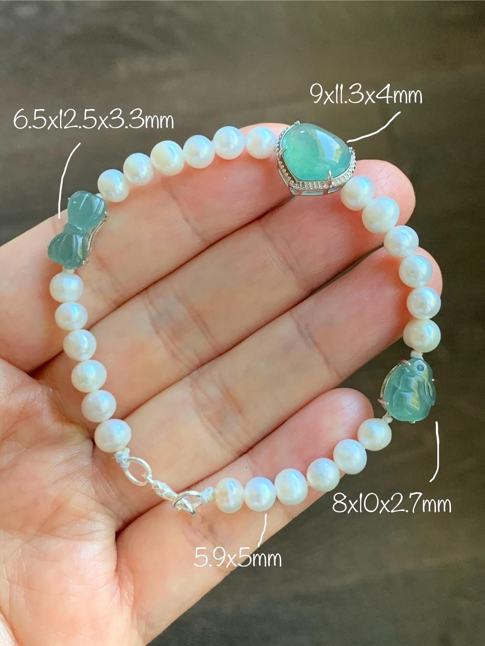 Natural Grade A Icy Translucent Teal Green Jadeite Charms Natural Freshwater Pearls Beaded Bracelet Sterling Silver 7" 天然淡水无核珍珠冰晴翡翠手串ZHF239