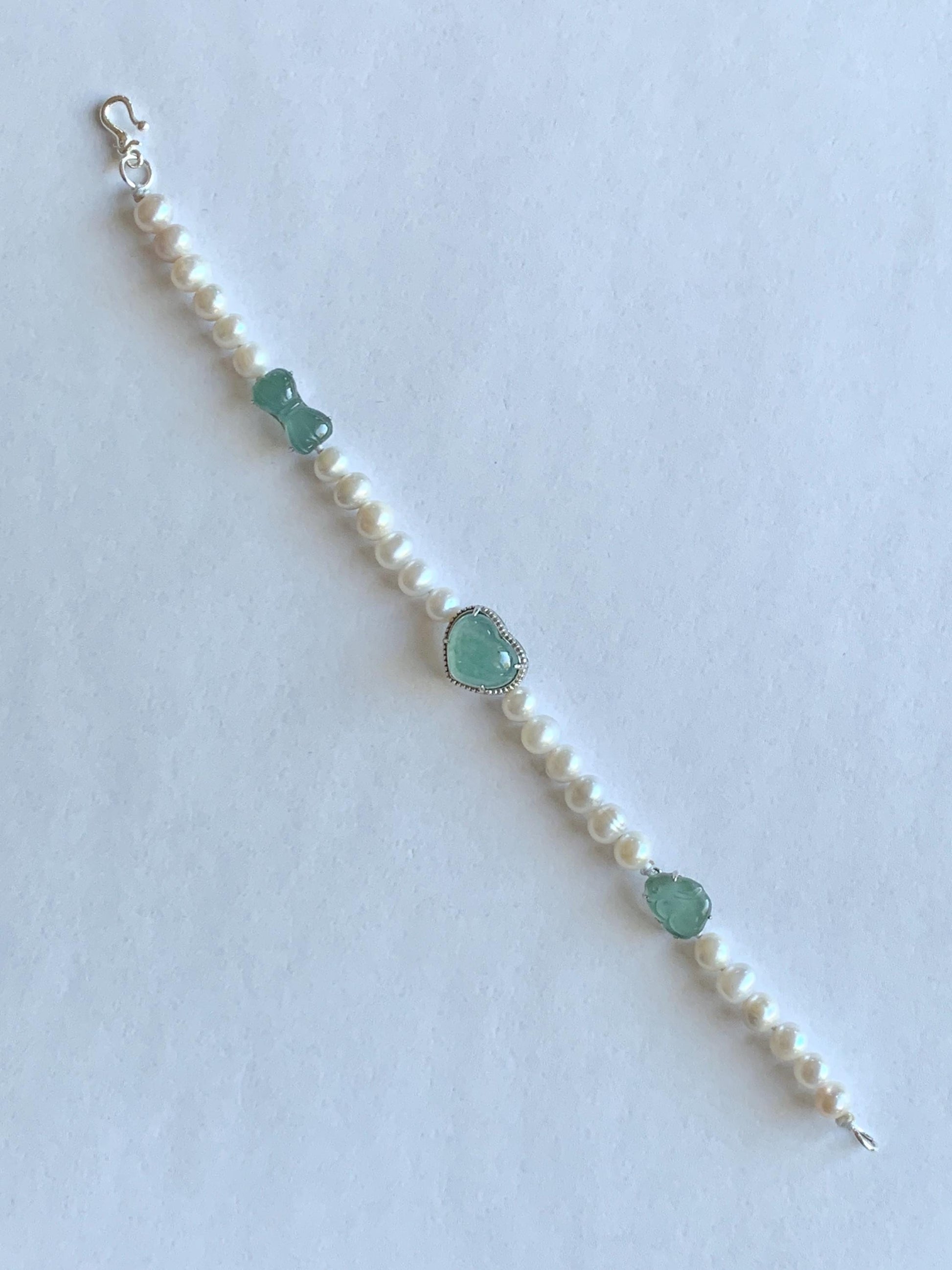 Natural Grade A Icy Translucent Teal Green Jadeite Charms Natural Freshwater Pearls Beaded Bracelet Sterling Silver 7" 天然淡水无核珍珠冰晴翡翠手串ZHF239