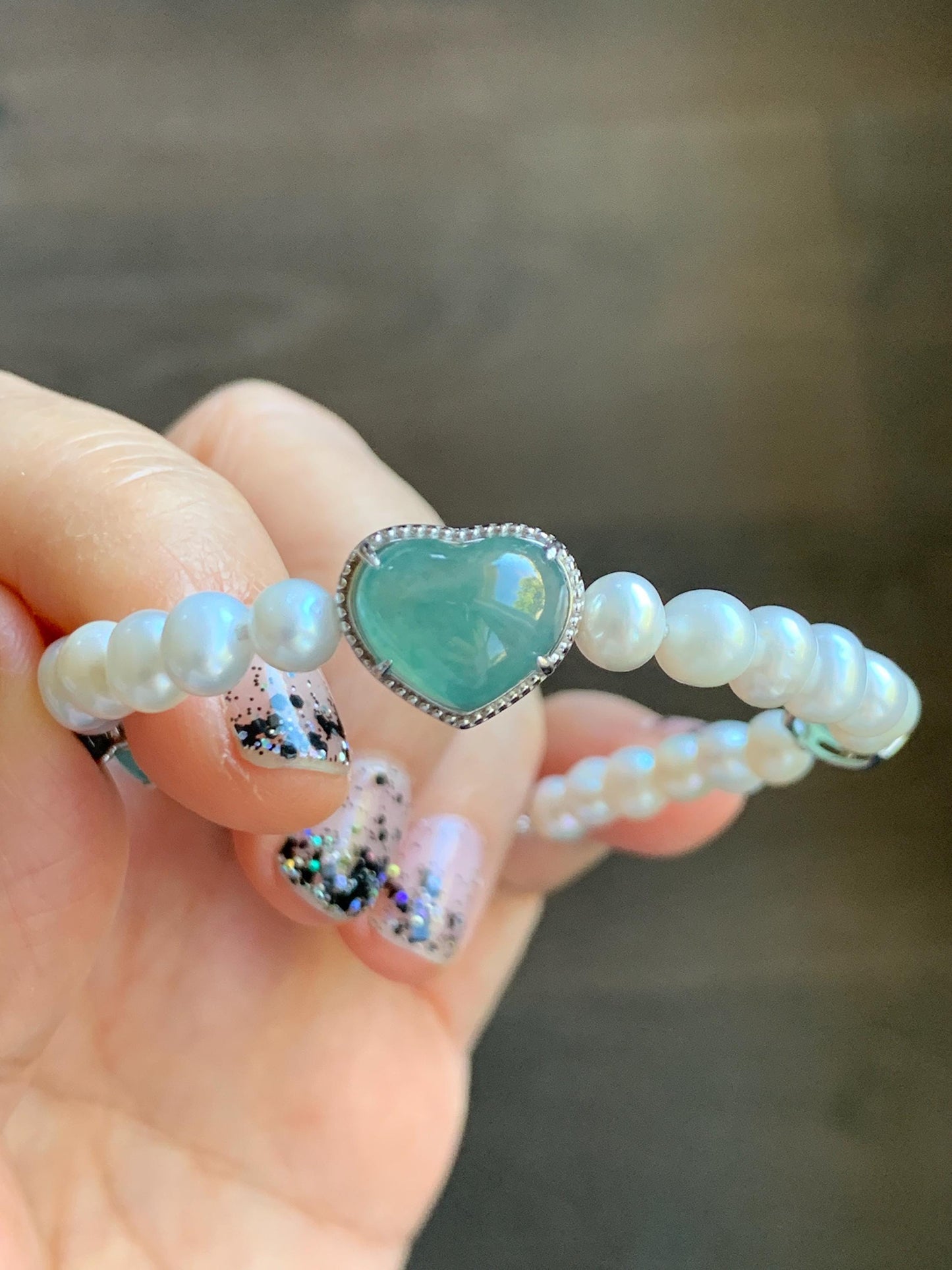 Natural Grade A Icy Translucent Teal Green Jadeite Charms Natural Freshwater Pearls Beaded Bracelet Sterling Silver 7" 天然淡水无核珍珠冰晴翡翠手串ZHF239