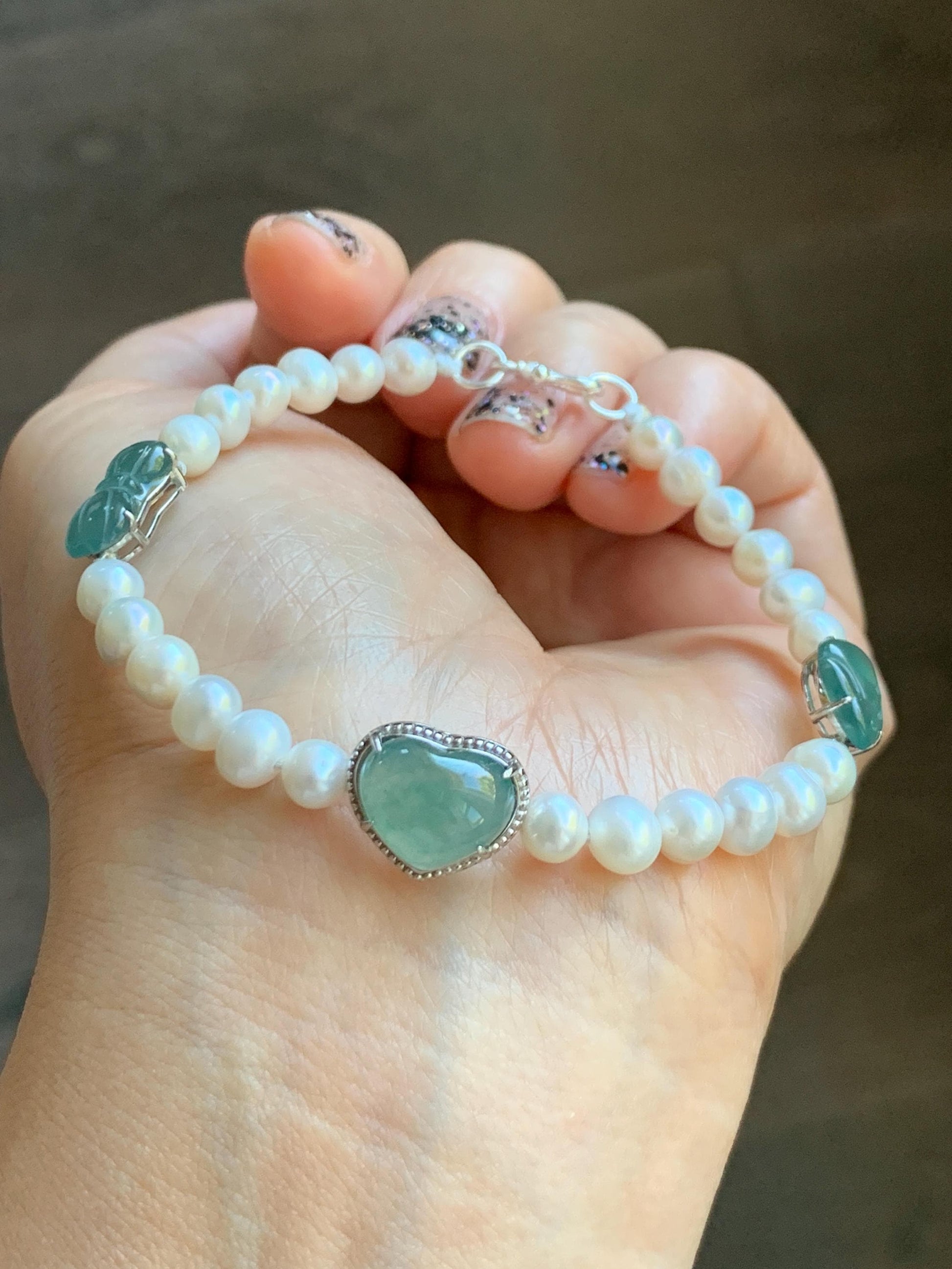 Natural Grade A Icy Translucent Teal Green Jadeite Charms Natural Freshwater Pearls Beaded Bracelet Sterling Silver 7" 天然淡水无核珍珠冰晴翡翠手串ZHF239