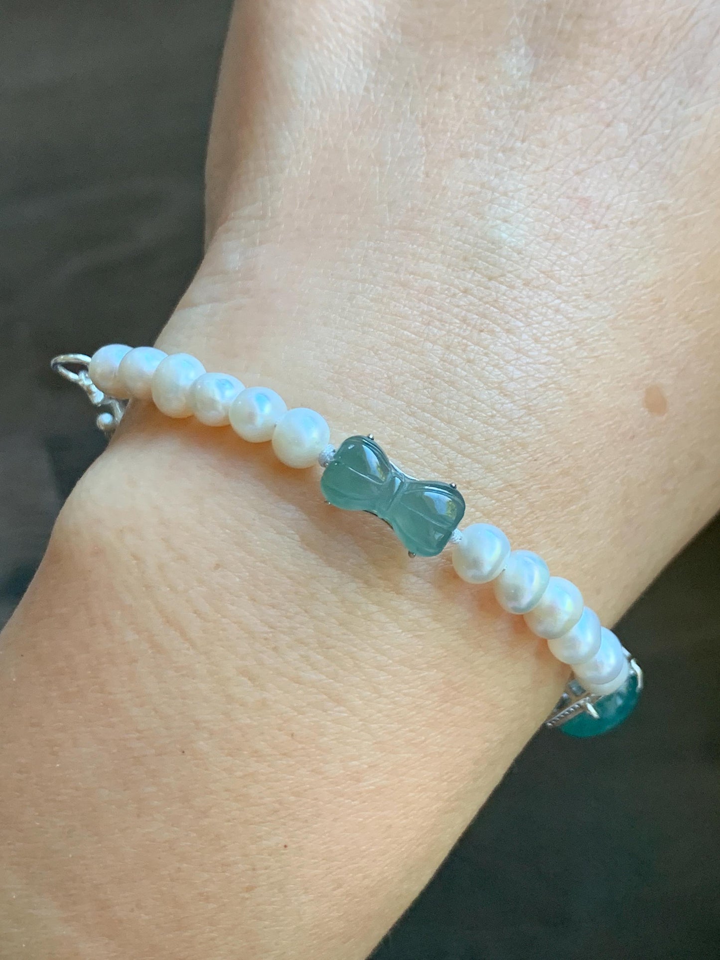 Natural Grade A Icy Translucent Teal Green Jadeite Charms Natural Freshwater Pearls Beaded Bracelet Sterling Silver 7" 天然淡水无核珍珠冰晴翡翠手串ZHF239