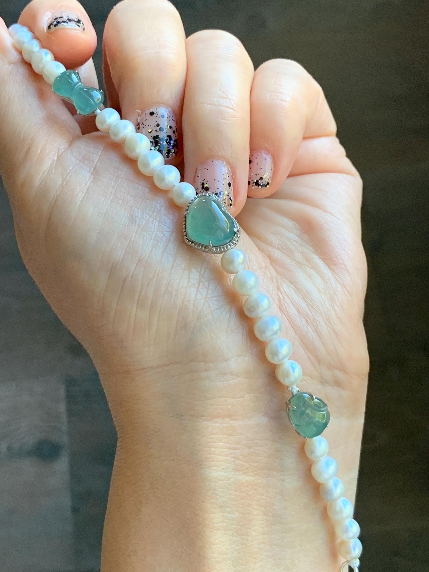 Natural Grade A Icy Translucent Teal Green Jadeite Charms Natural Freshwater Pearls Beaded Bracelet Sterling Silver 7" 天然淡水无核珍珠冰晴翡翠手串ZHF239