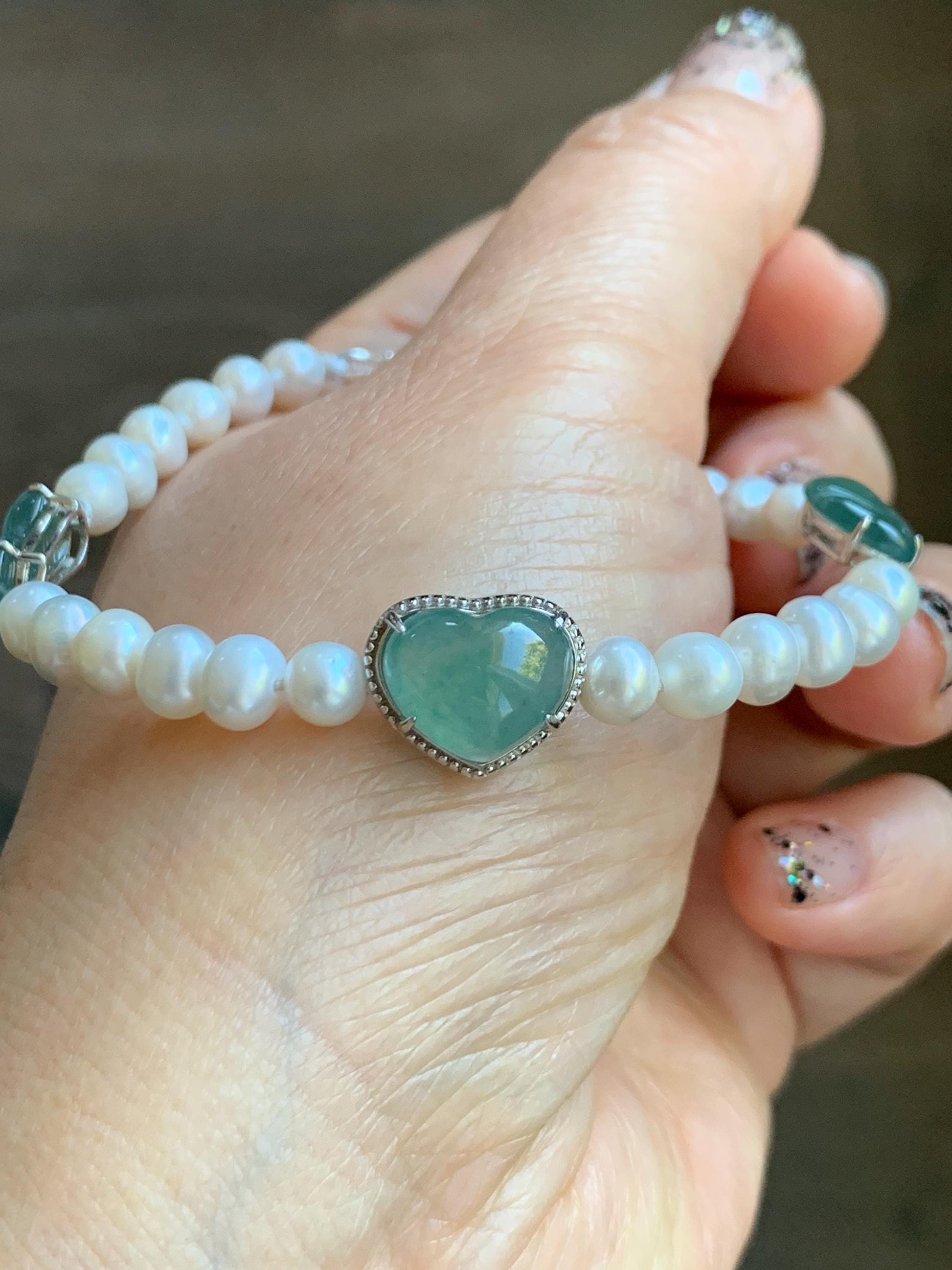 Natural Grade A Icy Translucent Teal Green Jadeite Charms Natural Freshwater Pearls Beaded Bracelet Sterling Silver 7" 天然淡水无核珍珠冰晴翡翠手串ZHF239
