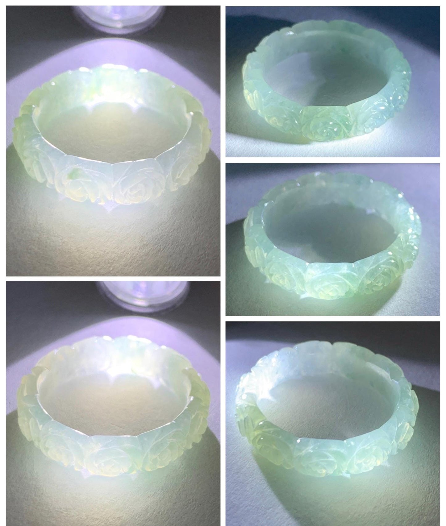 Certified Grade A Natural Icy Translucent White Green Marbled Jade Jadeite Carved Rose Band Ring Comfort Fit Size 8.25 US 天然白冰胶飘花翡翠玫瑰花戒圈 108