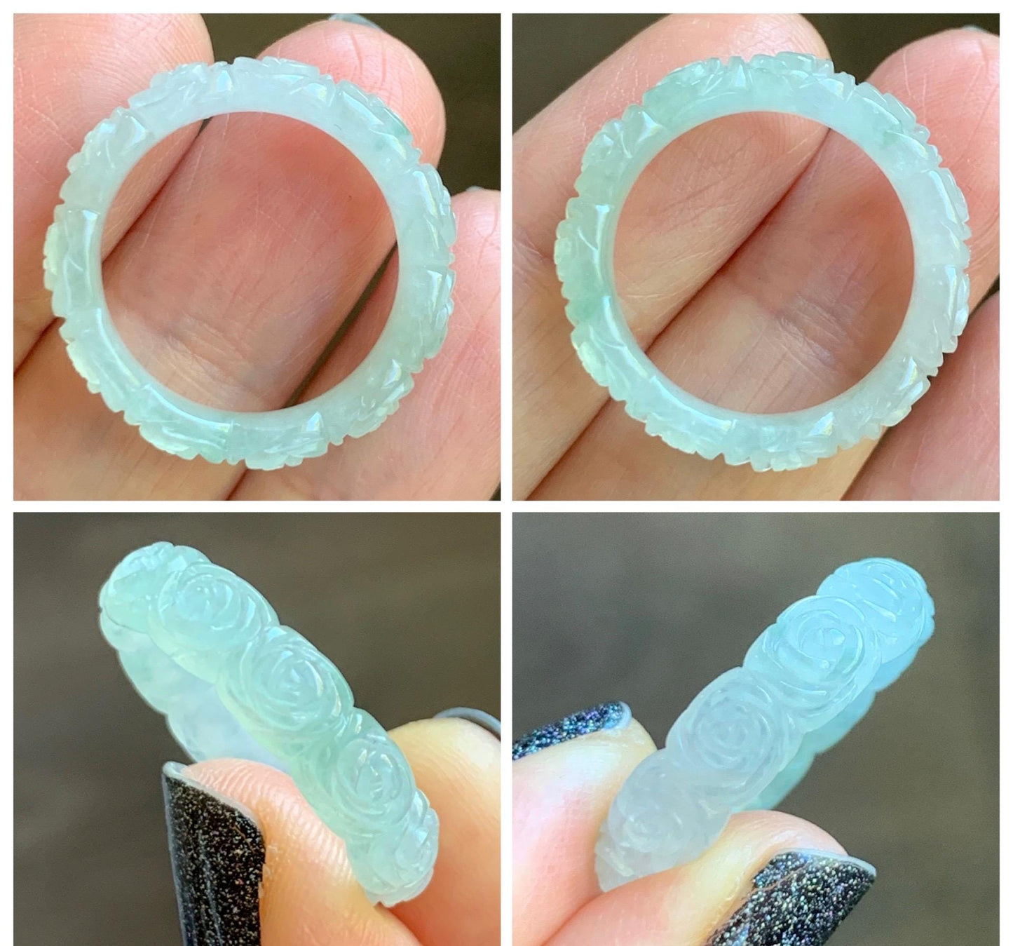 Certified Grade A Natural Icy Translucent White Green Marbled Jade Jadeite Carved Rose Band Ring Comfort Fit Size 8.25 US 天然白冰胶飘花翡翠玫瑰花戒圈 108