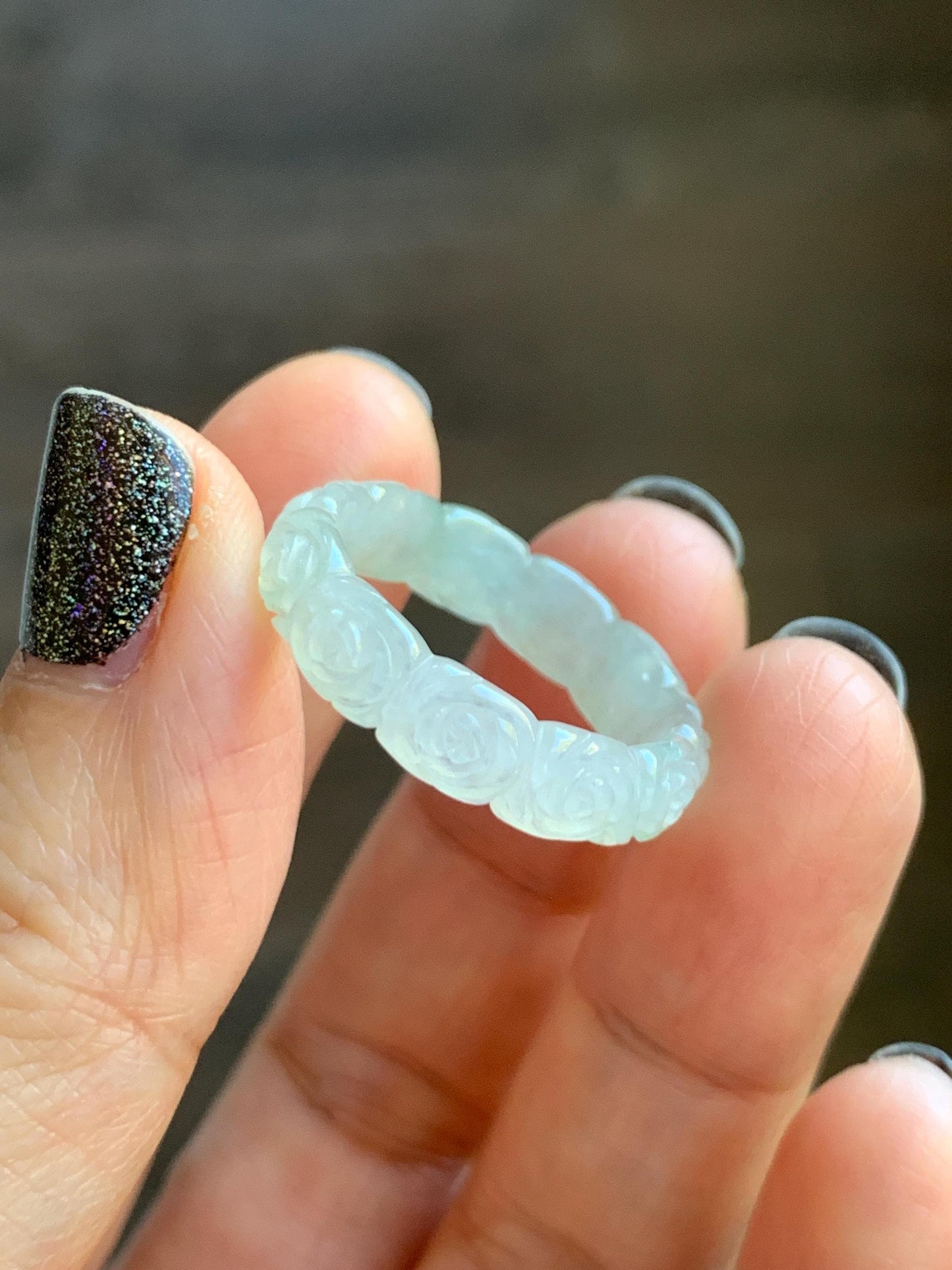 Certified Grade A Natural Icy Translucent White Green Marbled Jade Jadeite Carved Rose Band Ring Comfort Fit Size 8.25 US 天然白冰胶飘花翡翠玫瑰花戒圈 108