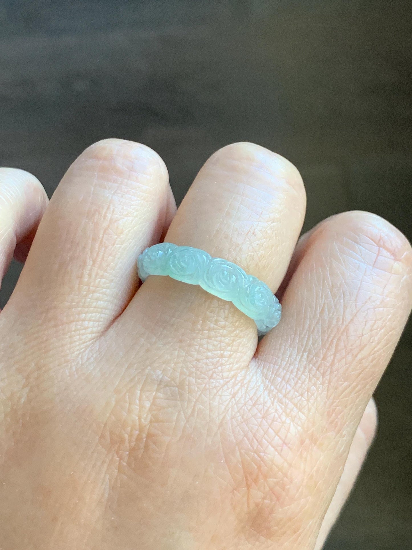 Certified Grade A Natural Icy Translucent White Green Marbled Jade Jadeite Carved Rose Band Ring Comfort Fit Size 8.25 US 天然白冰胶飘花翡翠玫瑰花戒圈 108
