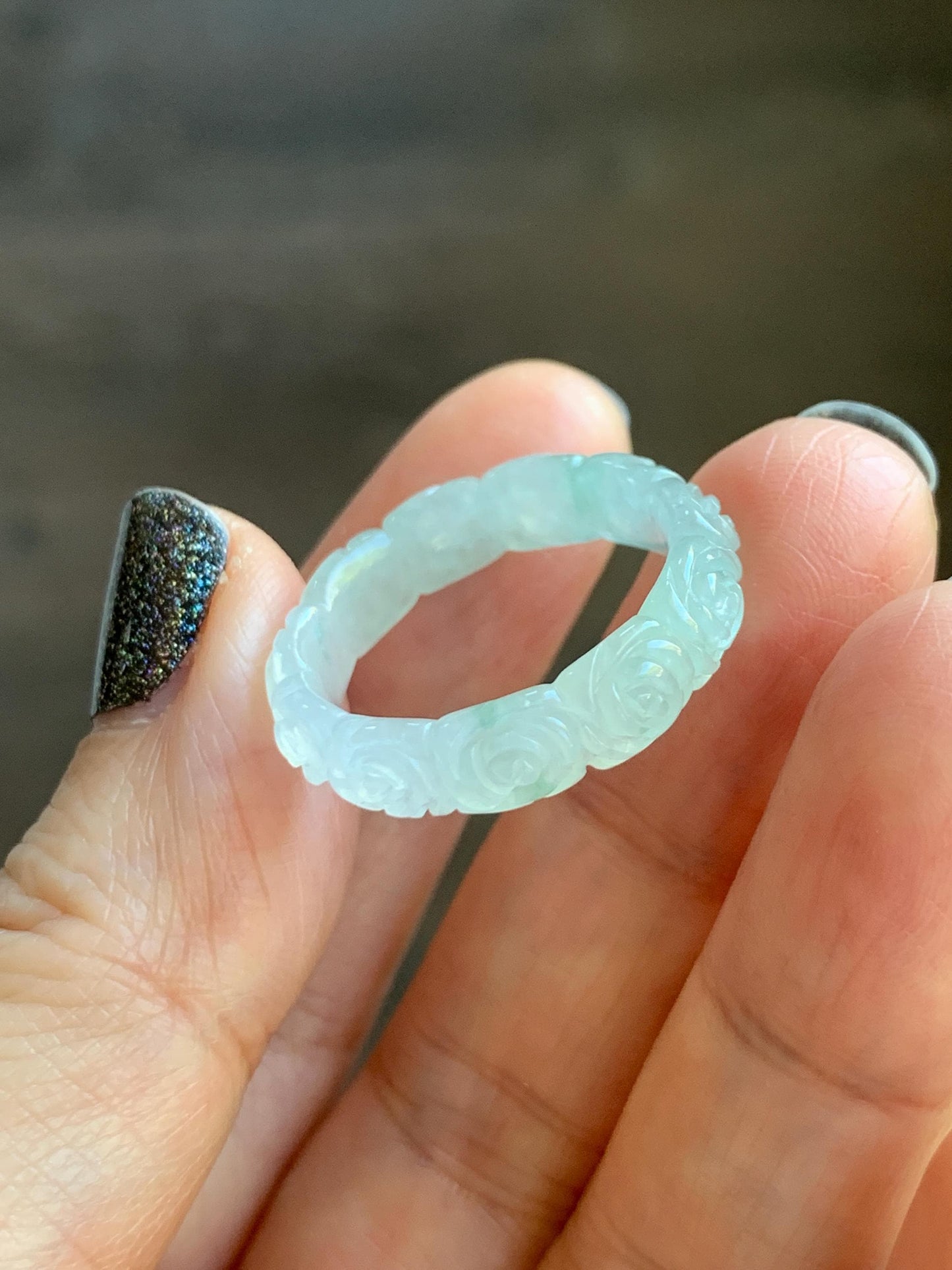 Certified Grade A Natural Icy Translucent White Green Marbled Jade Jadeite Carved Rose Band Ring Comfort Fit Size 8.25 US 天然白冰胶飘花翡翠玫瑰花戒圈 108