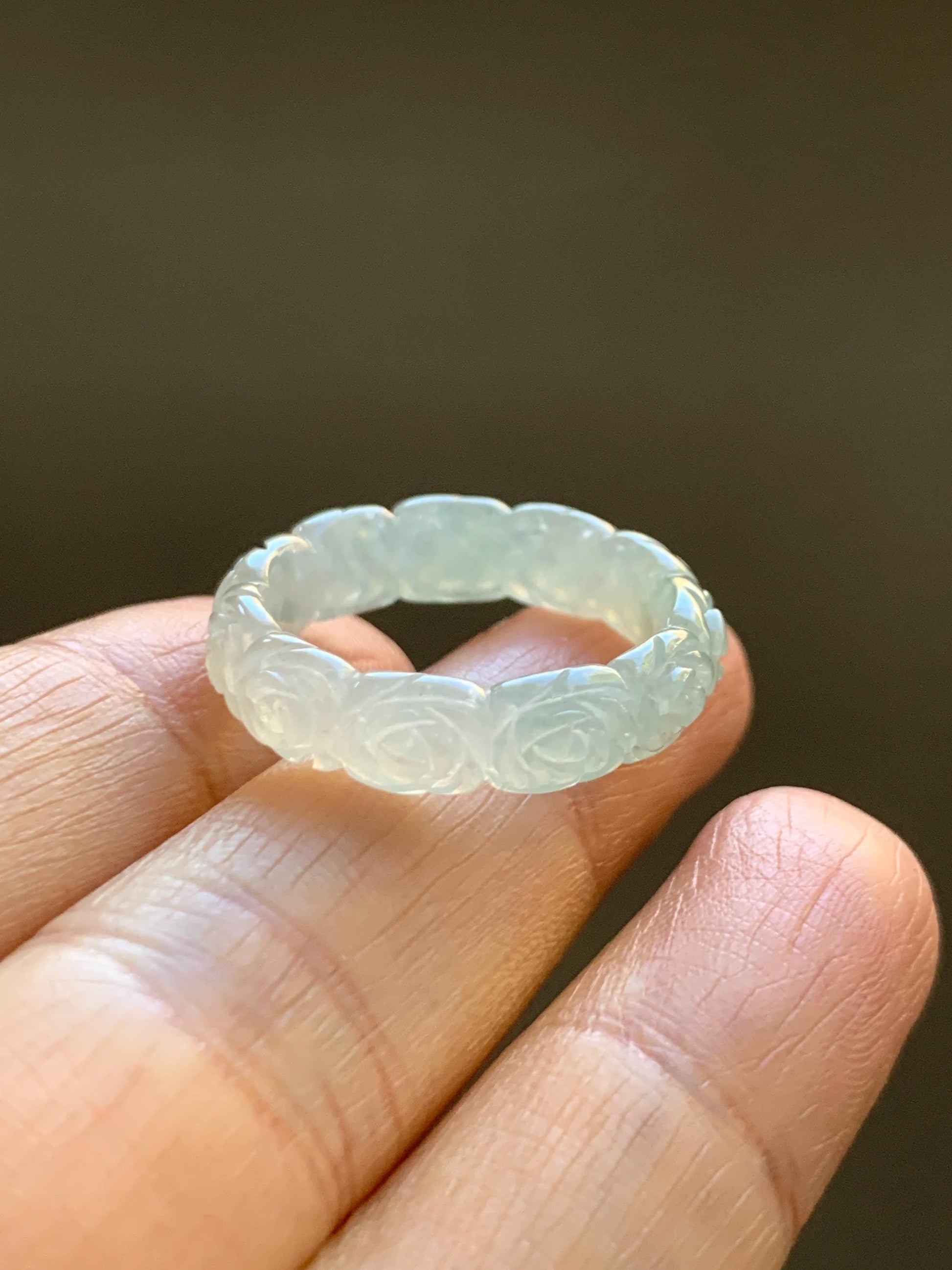 Certified Grade A Natural Icy Translucent White Green Marbled Jade Jadeite Carved Rose Band Ring Comfort Fit Size 8.25 US 天然白冰胶飘花翡翠玫瑰花戒圈 108